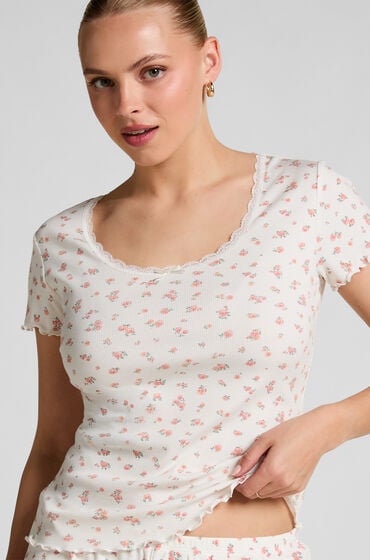 Hunkemöller Kortärmad ribbstickad top med spets Vit