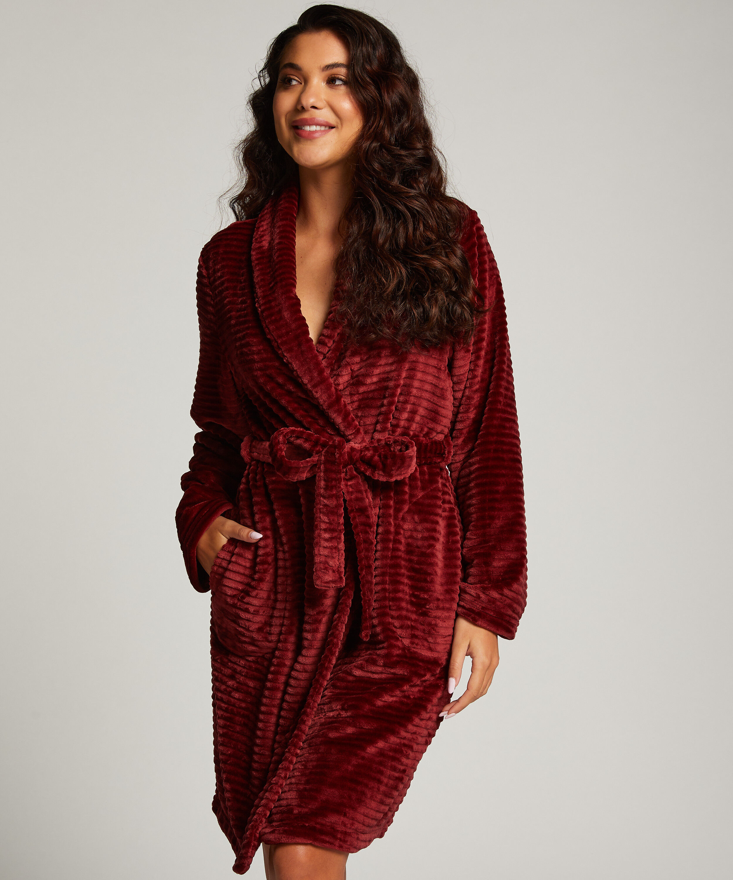 Ribbad badrock av fleece kort, Brun