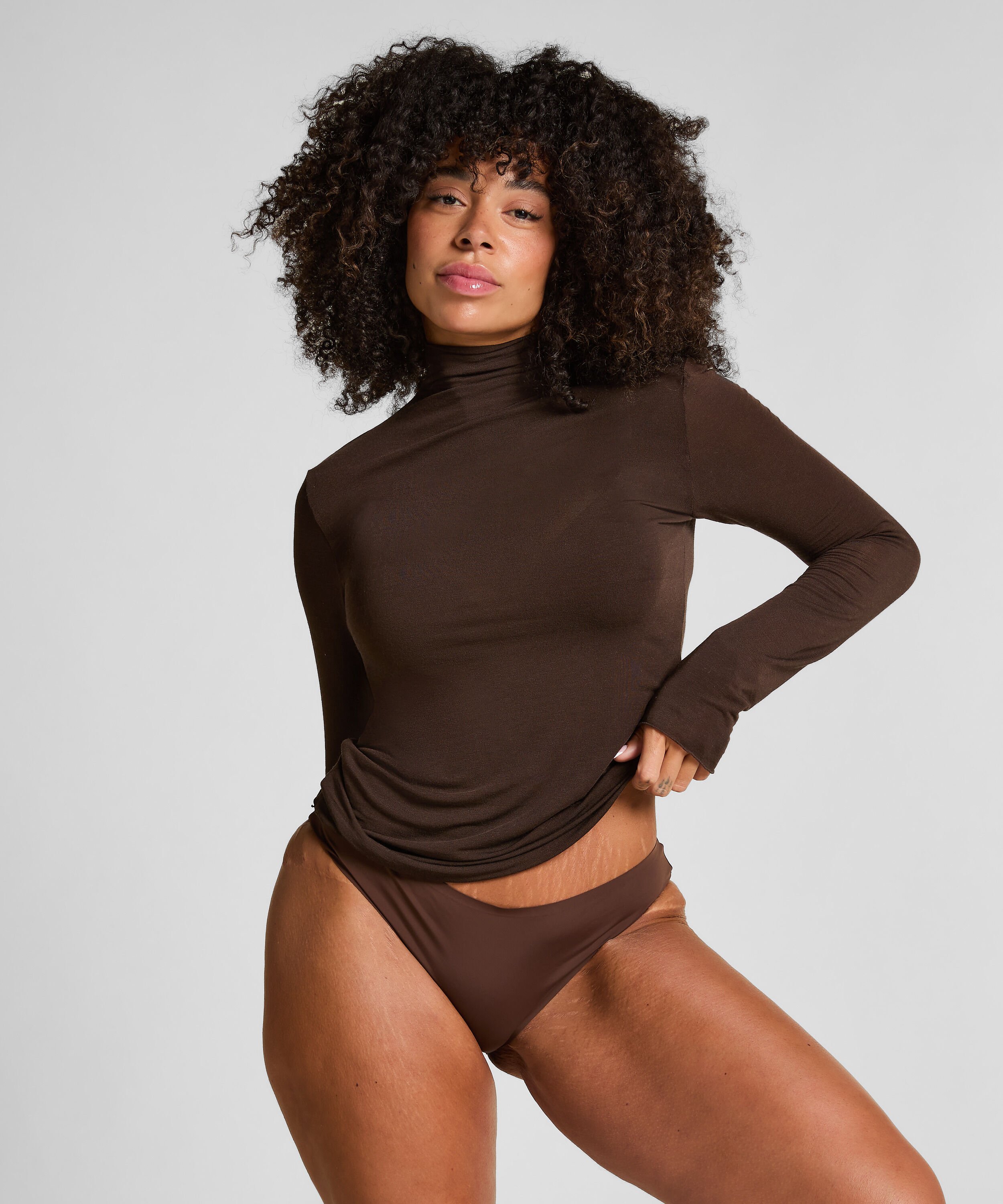 super soft cashmereblandad-topp med polokrage, Brun