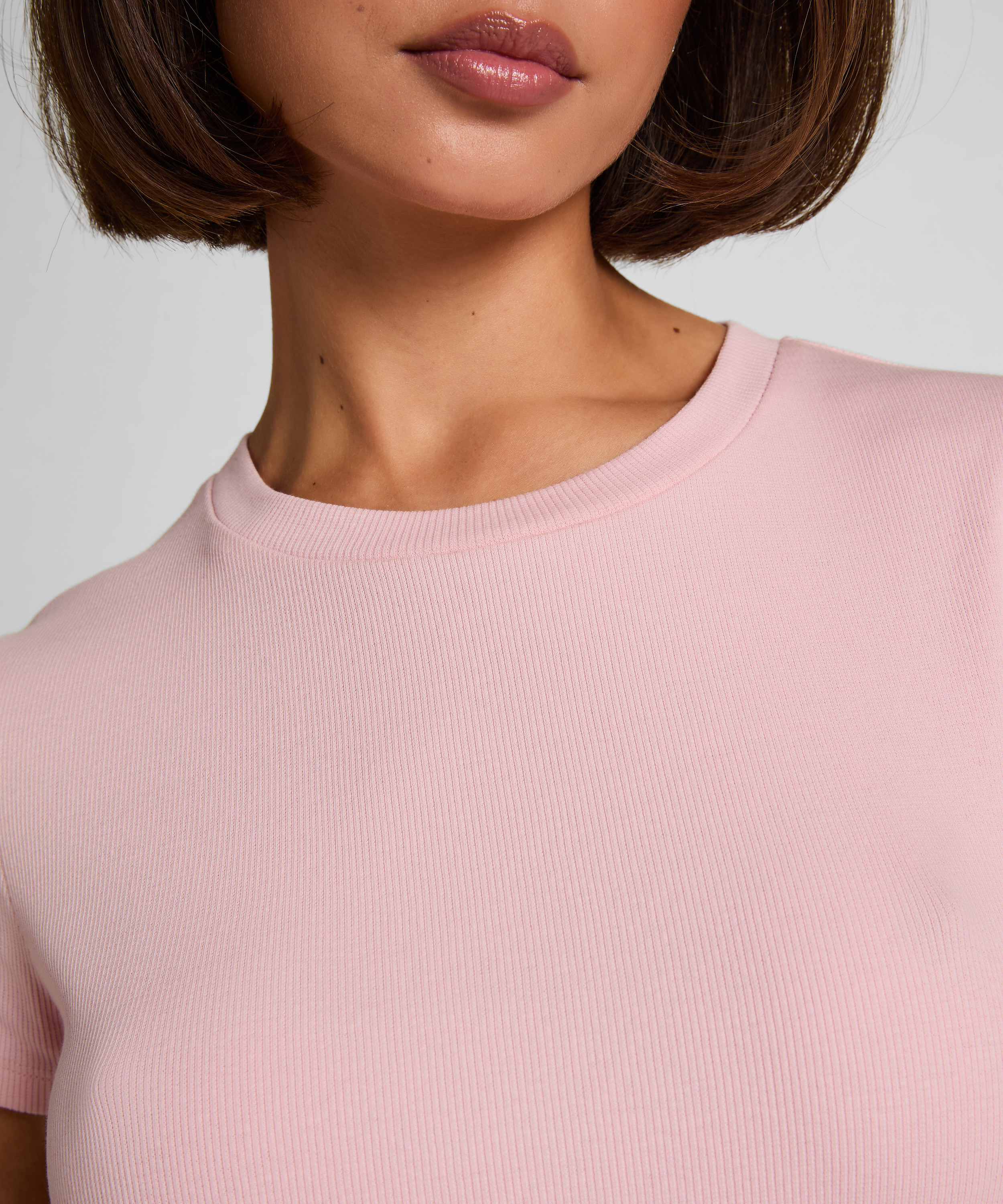 Kort&auml;rmad pyjamastopp Rib Crew Neck, Rosa, main