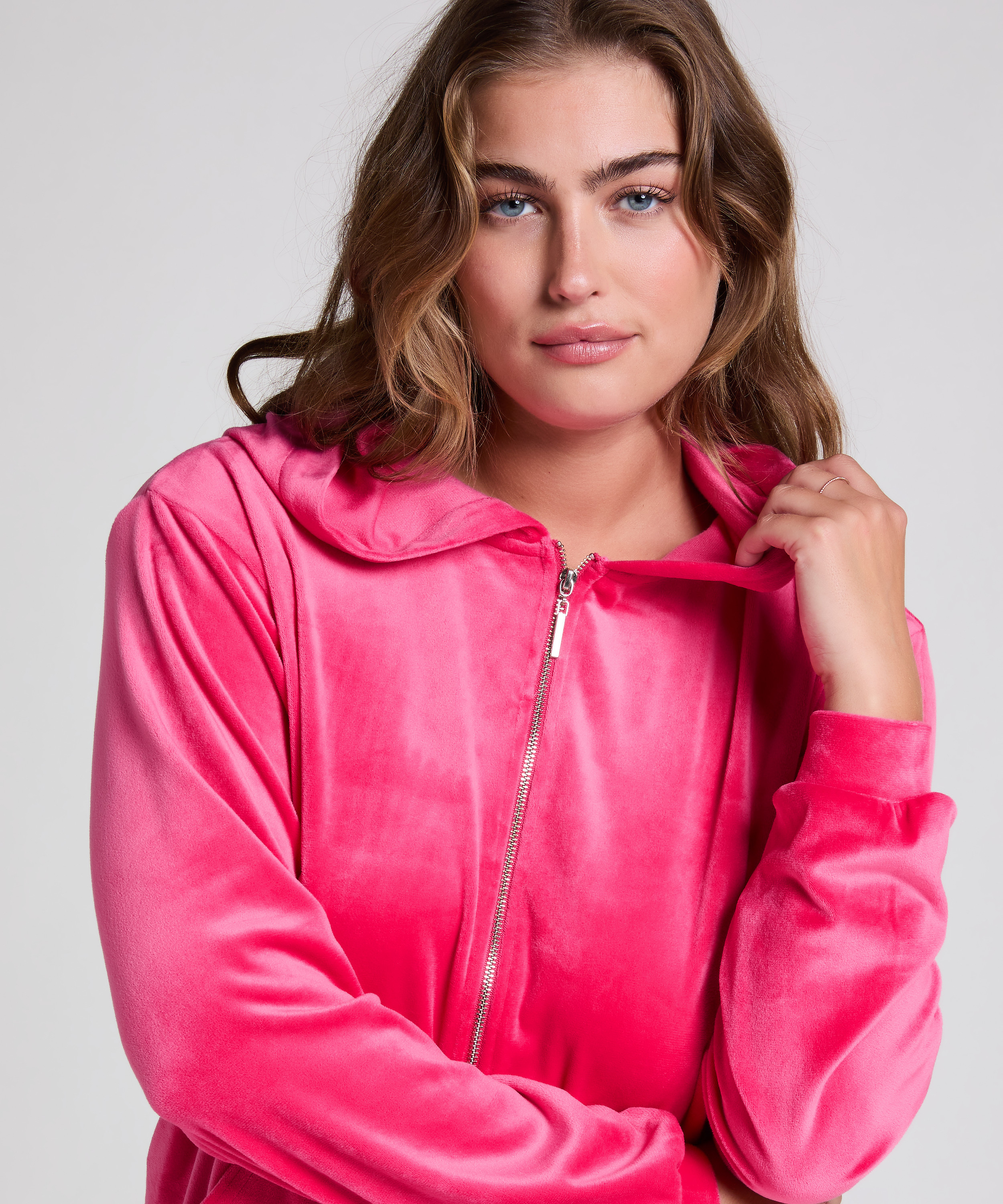 Hoodiejacka i velour, Rosa, main