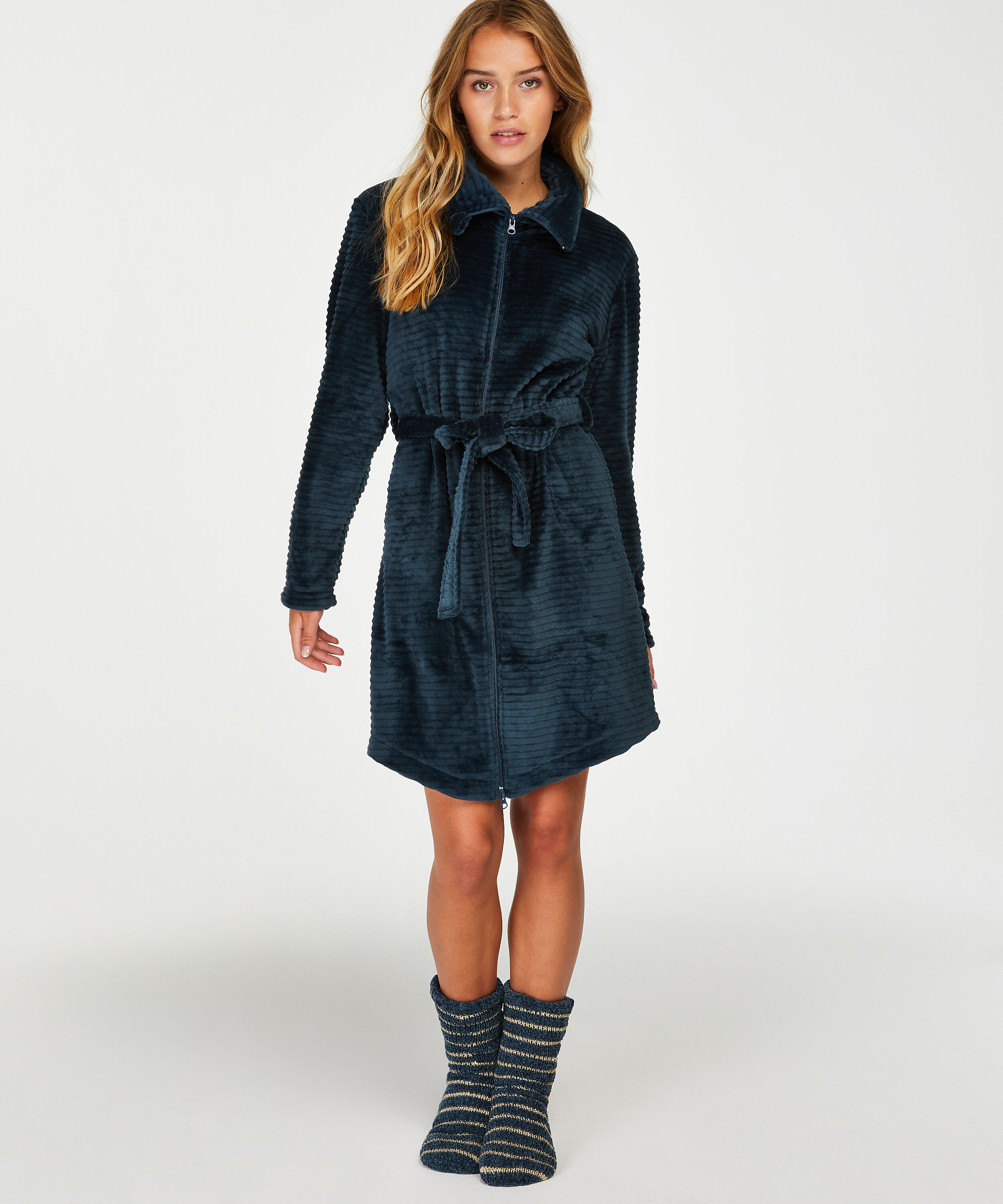 Badrock i fleece med dragkedja, Bl&aring;