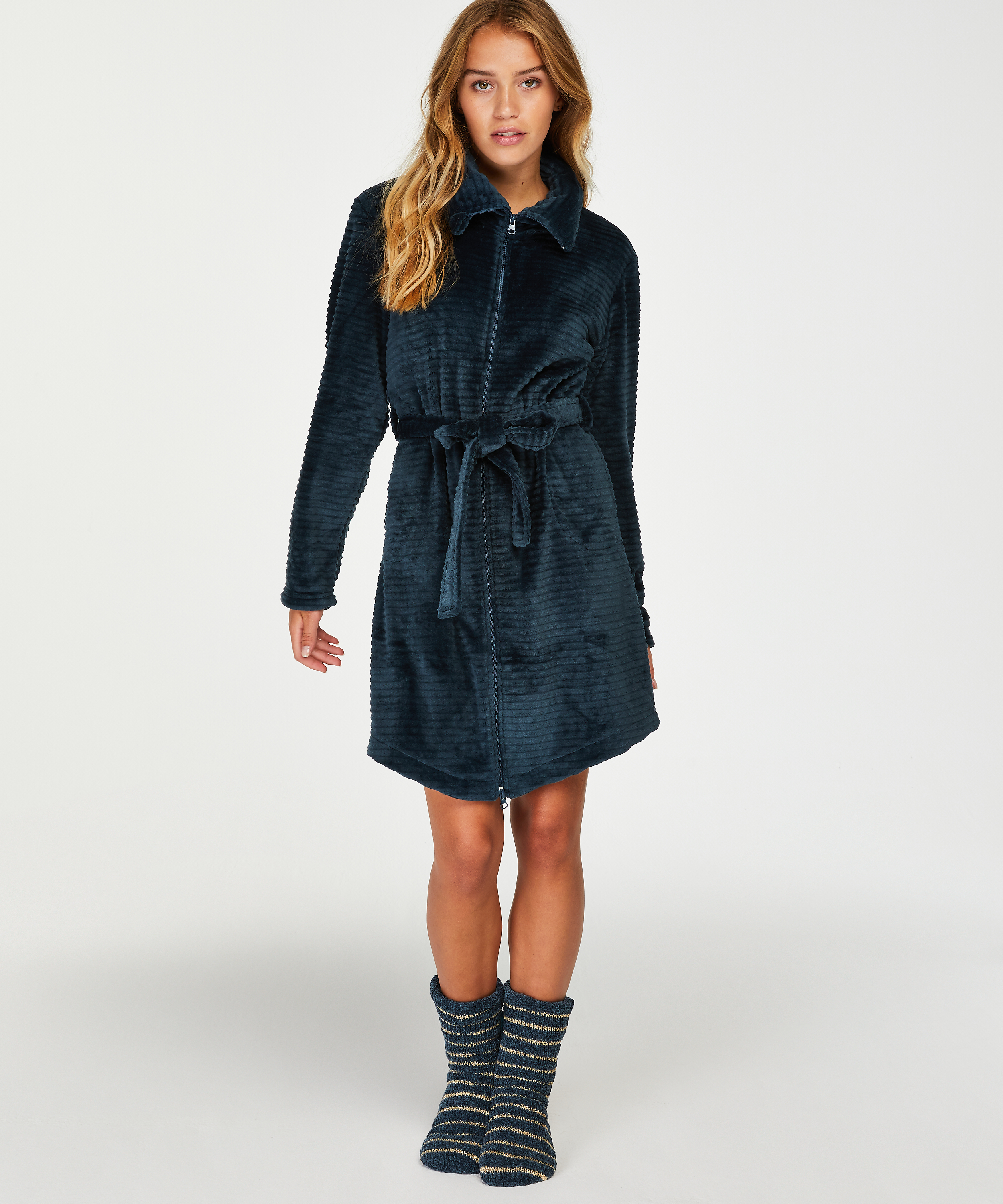 Badrock i fleece med dragkedja, Blå, main