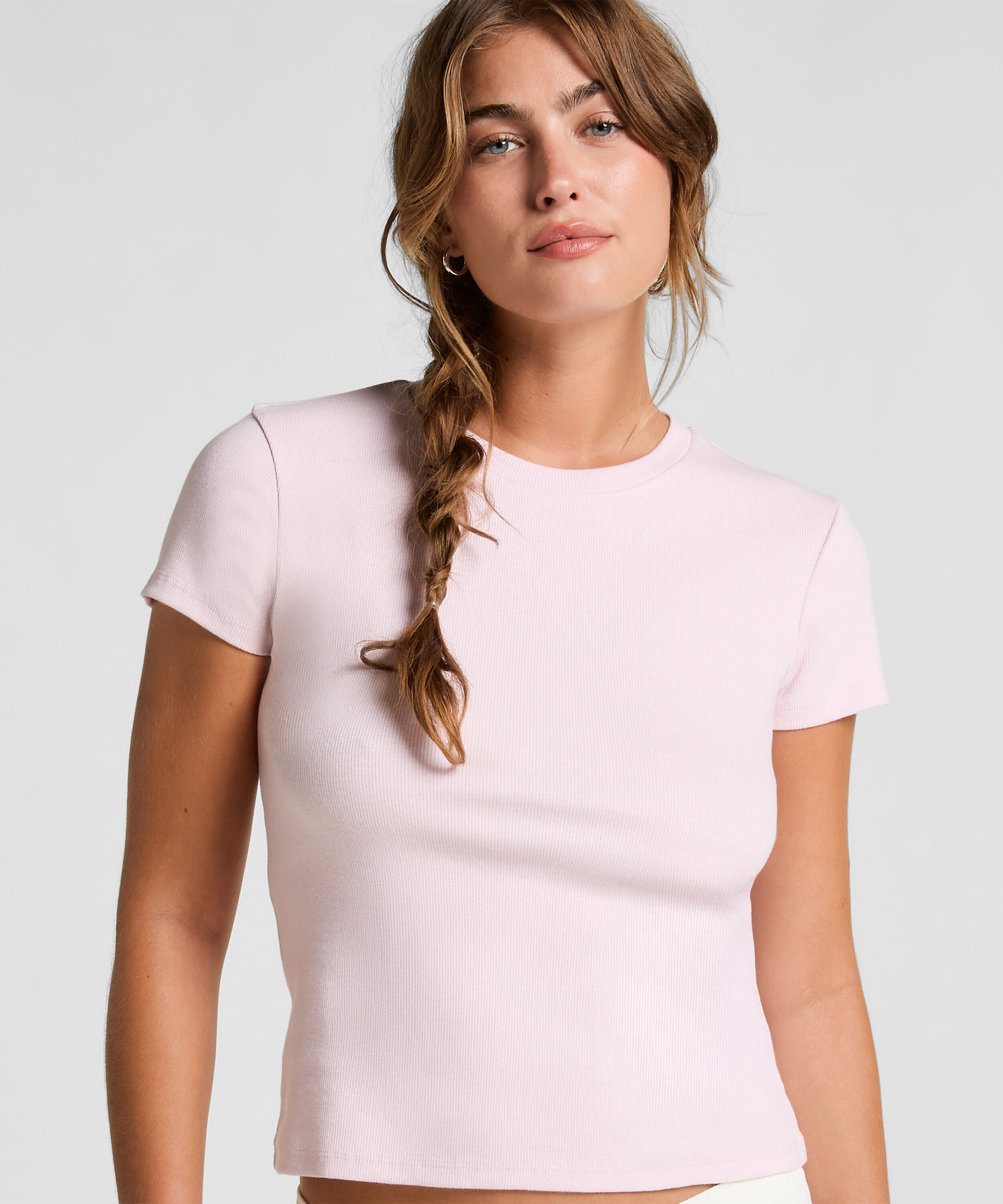 Kort&auml;rmad pyjamastopp Rib Crew Neck, Rosa