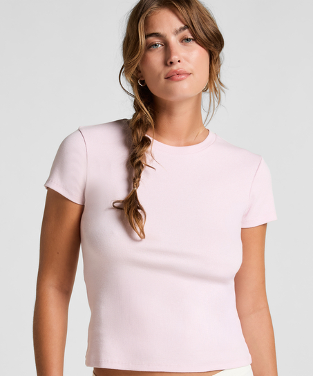 Kortärmad pyjamastopp Rib Crew Neck, Rosa