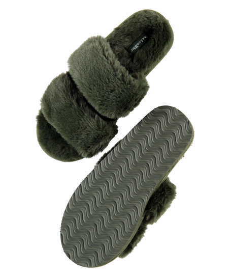 Tofflor Fake Fur, gr&ouml;n