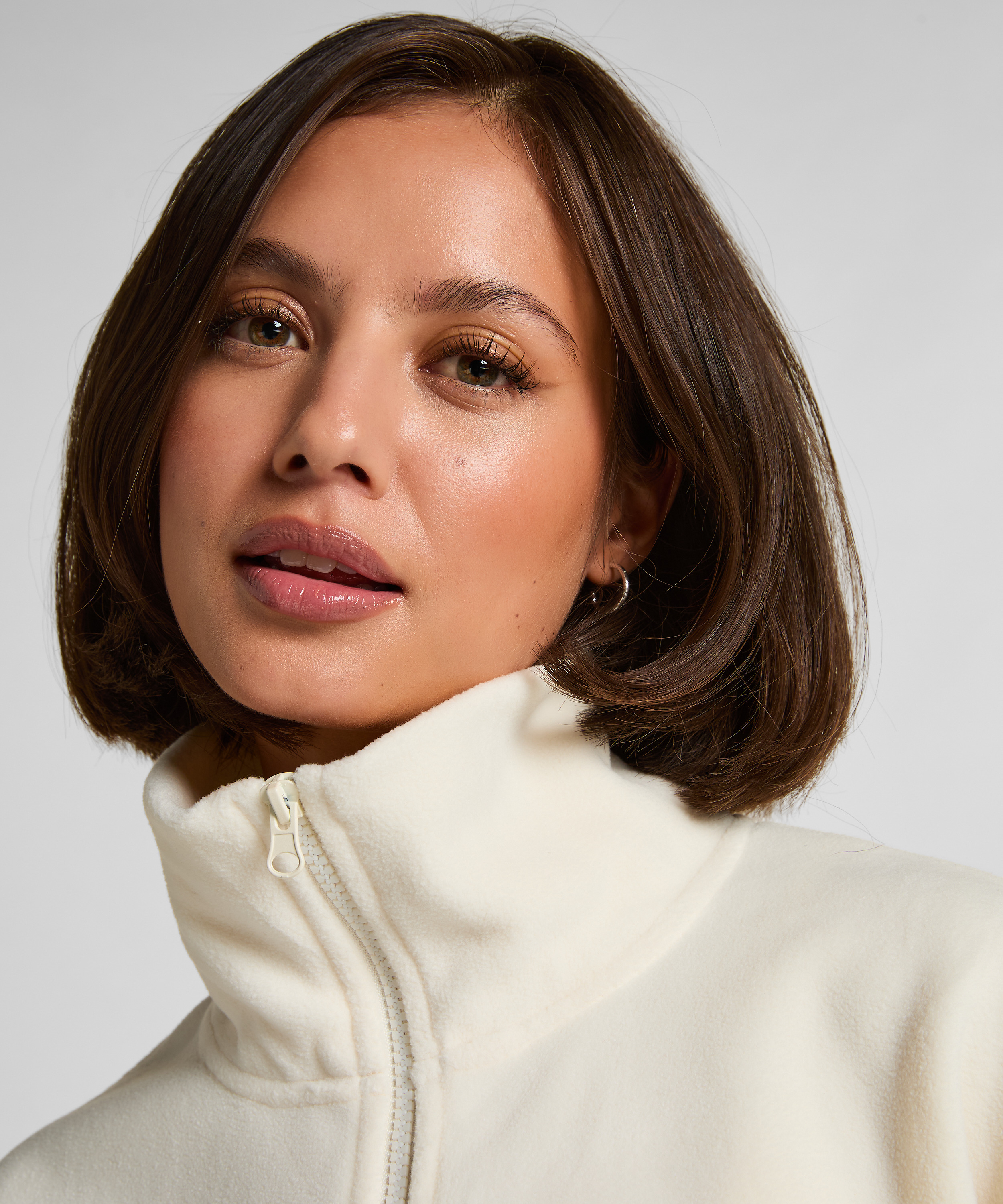 Topp med halv dragkedja och sportig fleece, Vit, main