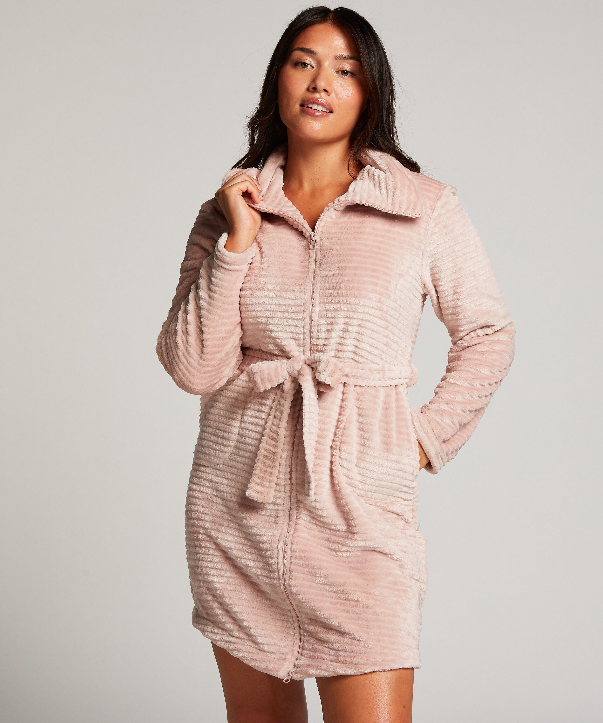 Badrock i fleece med dragkedja, Rosa
