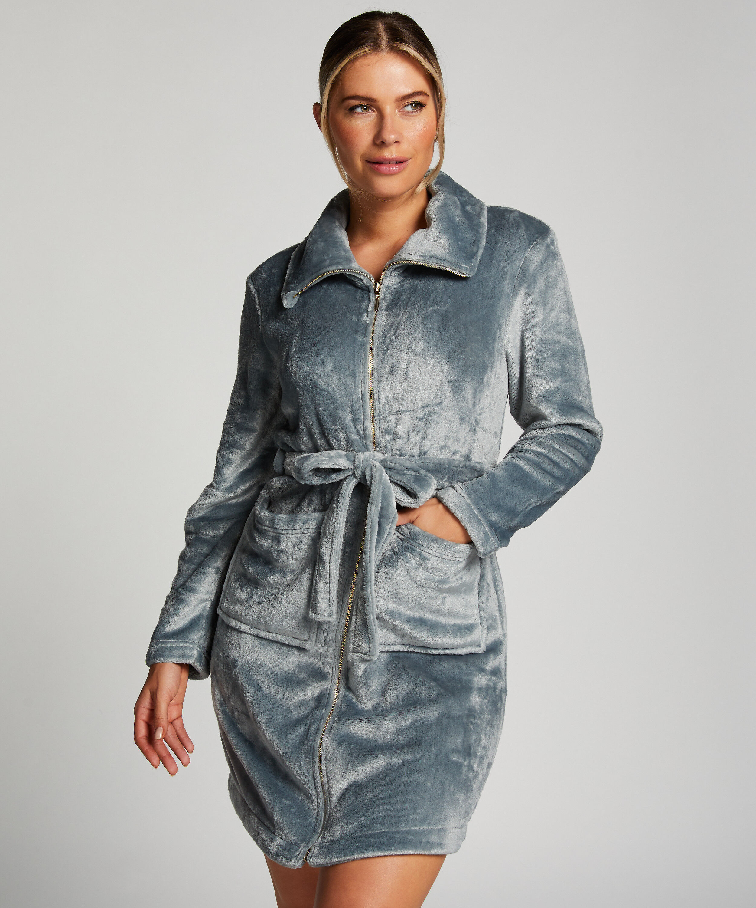 Badrock i fleece med dragkedja, Bl&aring;