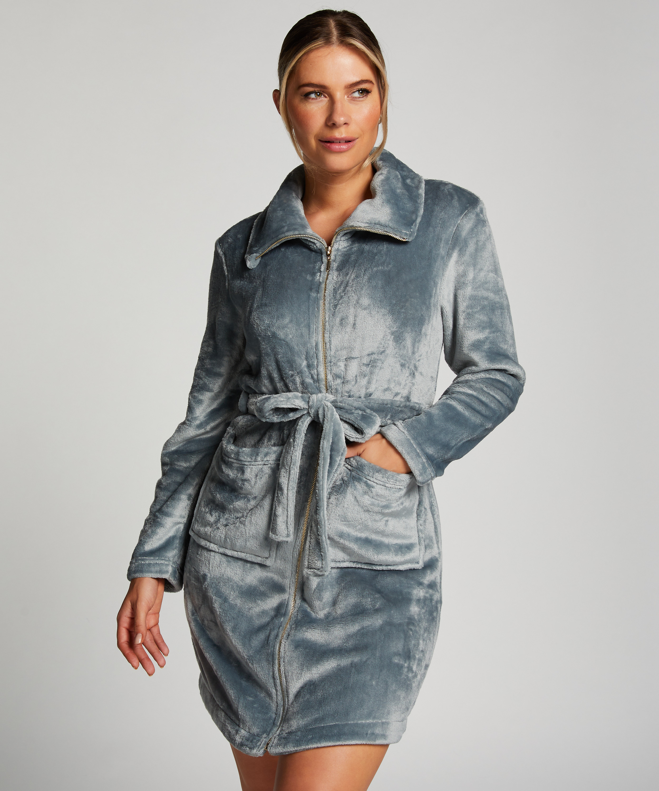 Badrock i fleece med dragkedja, Blå, main