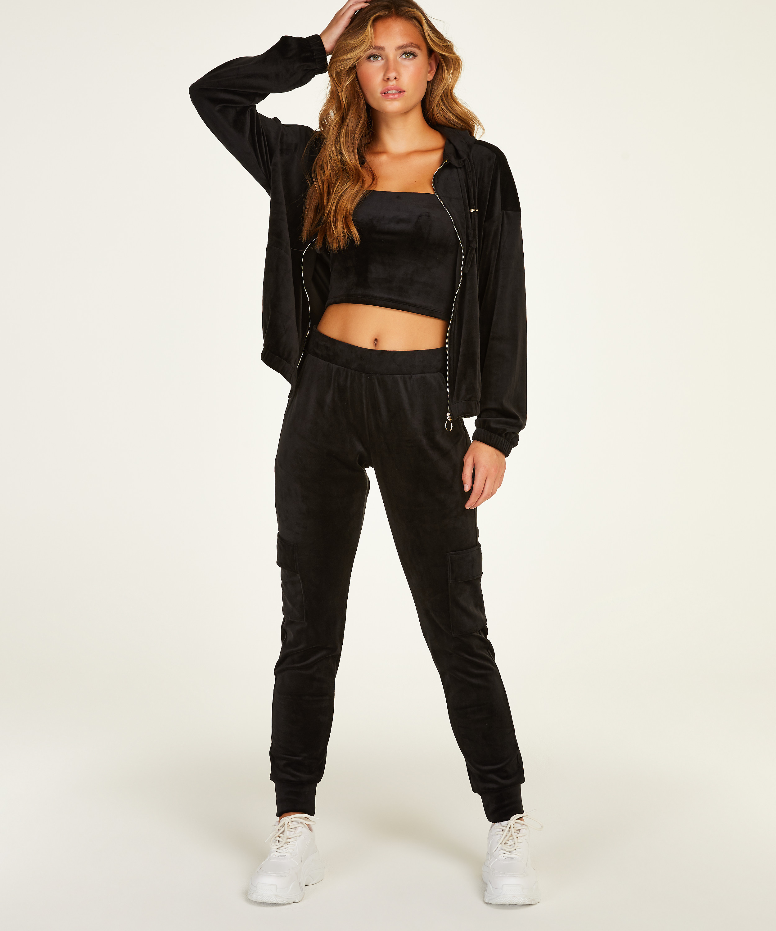 Hoodiejacka i velour, Svart, main