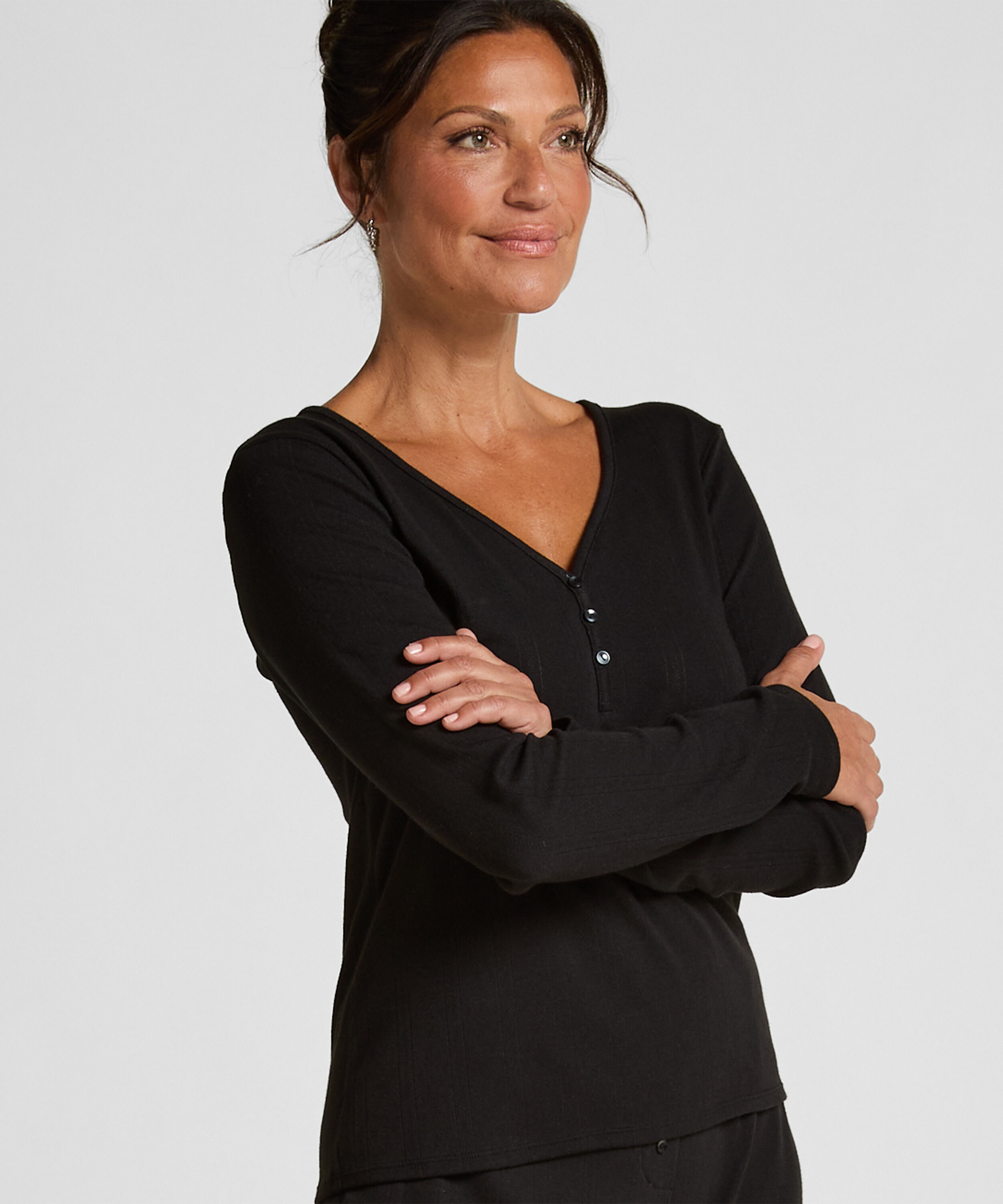 Långärmad pyjamastopp Henley, Svart