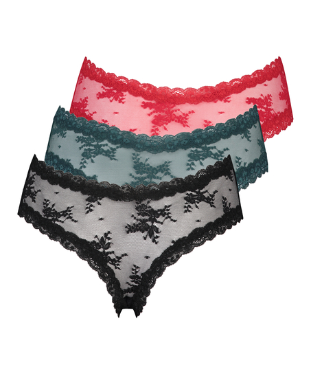 3 par V-formade brazilian-trosor mesh-tyg, Svart