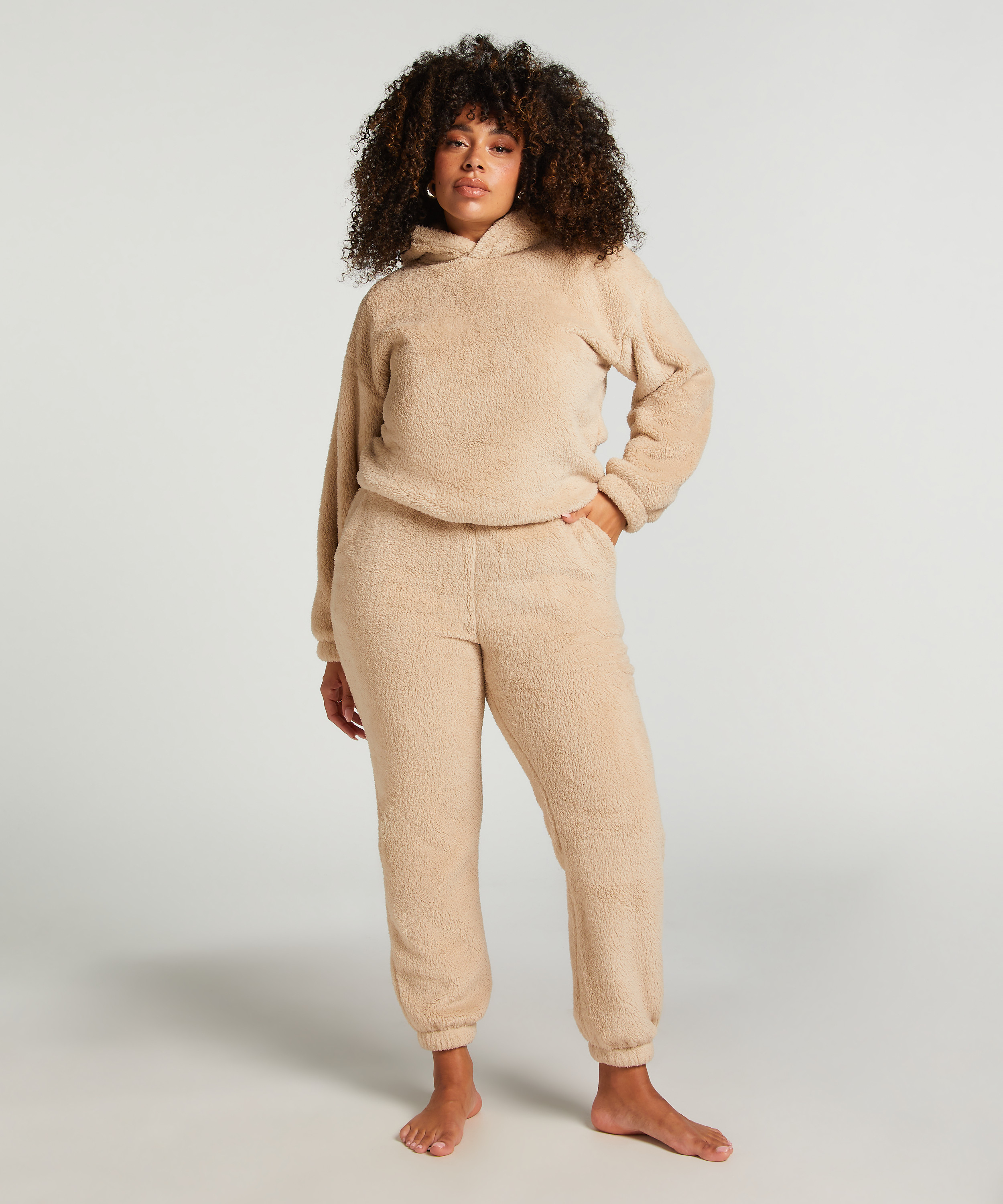 Mysig hoodie i fleece, Beige, main