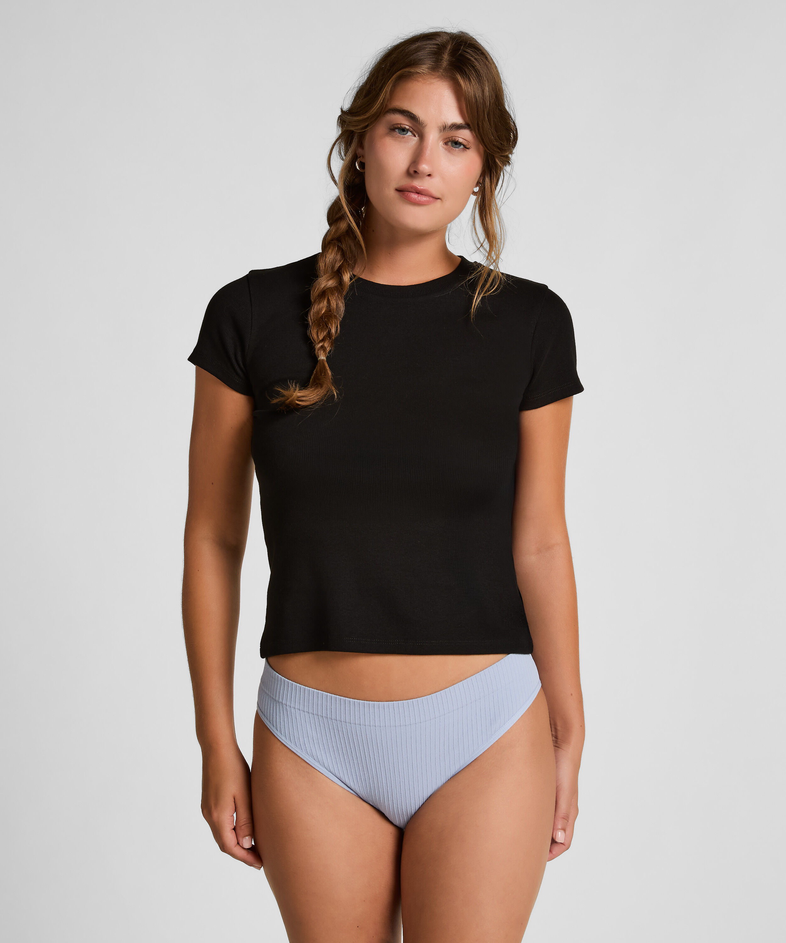 Kort&auml;rmad pyjamastopp Rib Crew Neck, Svart