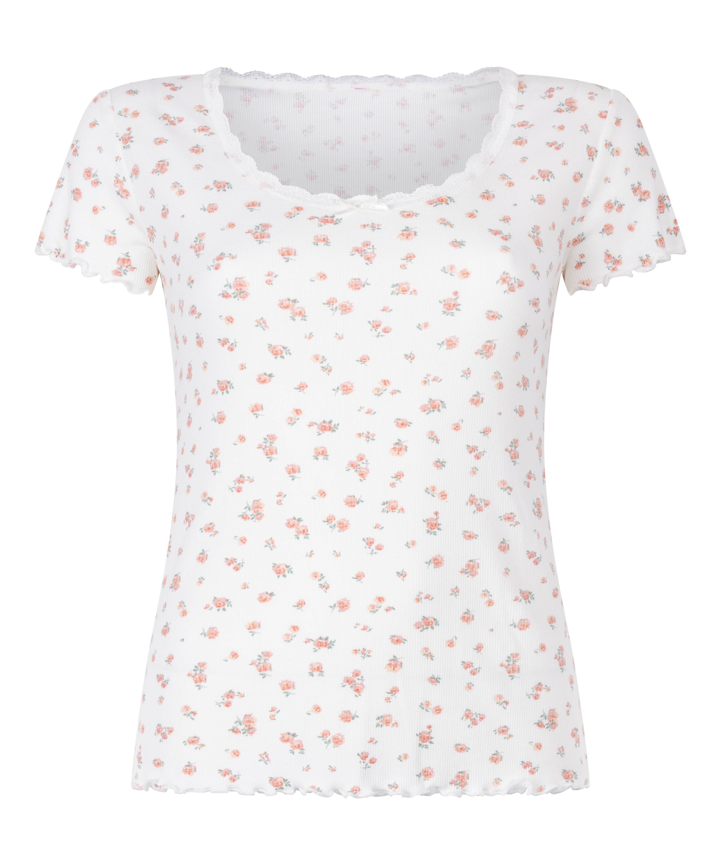 Kort&auml;rmad ribbstickad top med spets, Vit, main