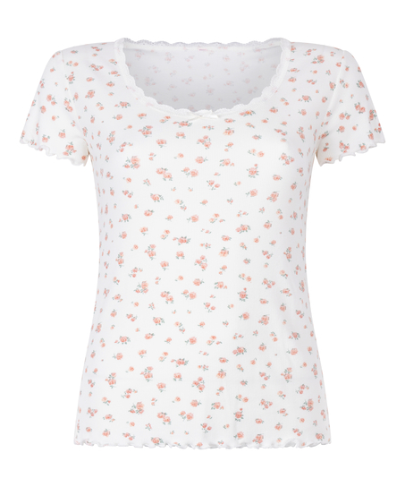 Kort&auml;rmad ribbstickad top med spets, Vit