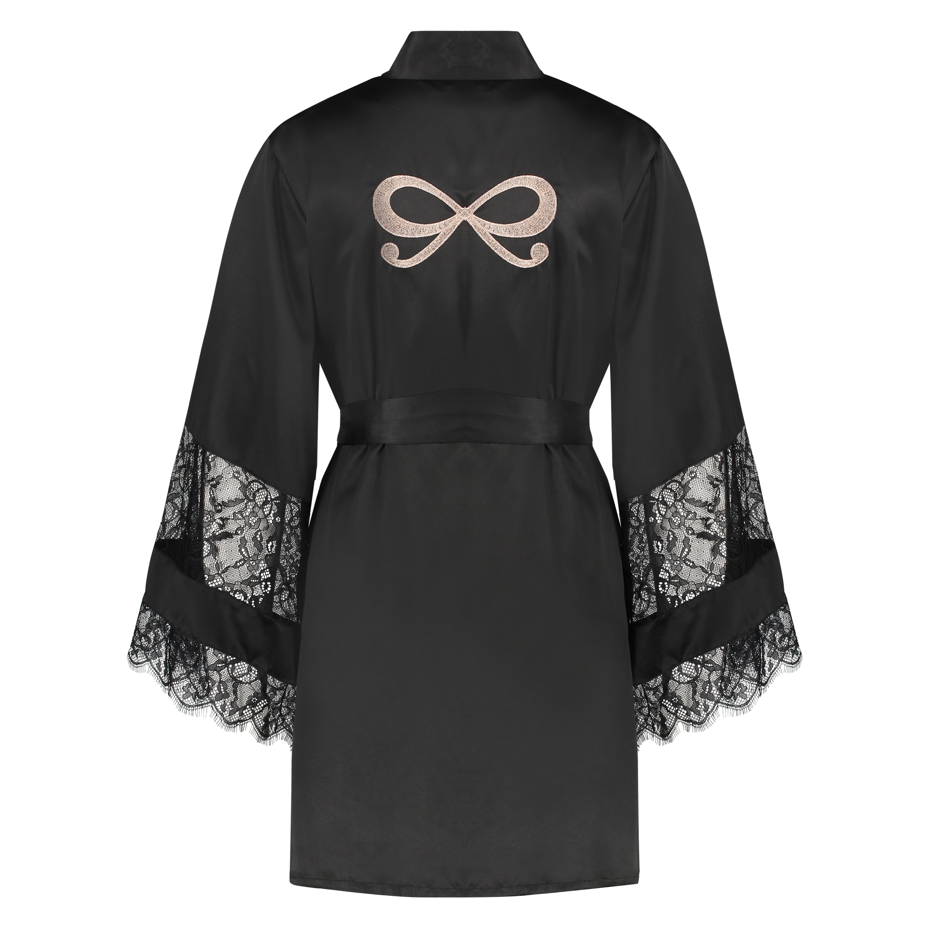 Satinkimono med spets, Svart, main