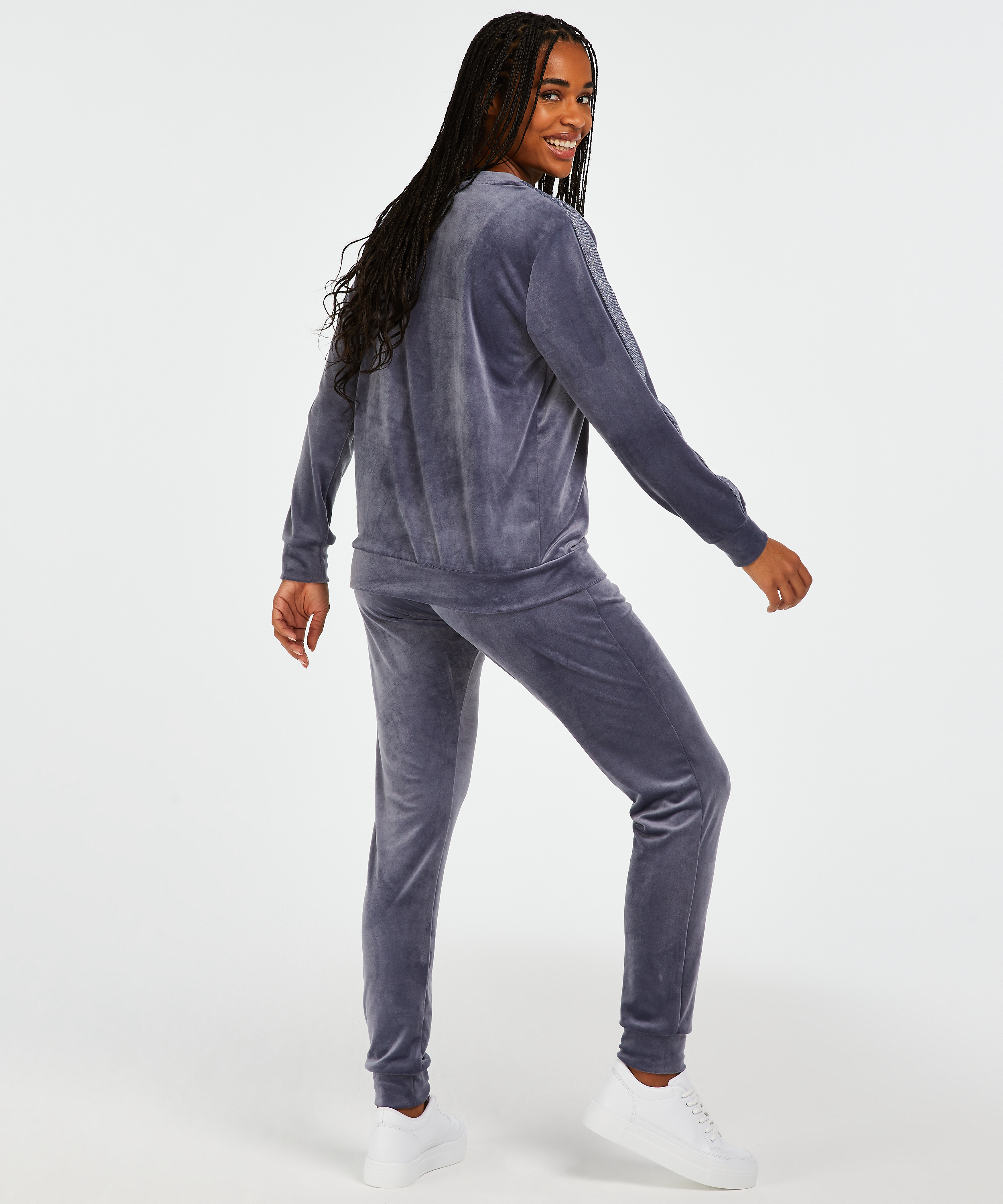Joggingbyxor i velour med glittrig revär – Tall, Grå, main
