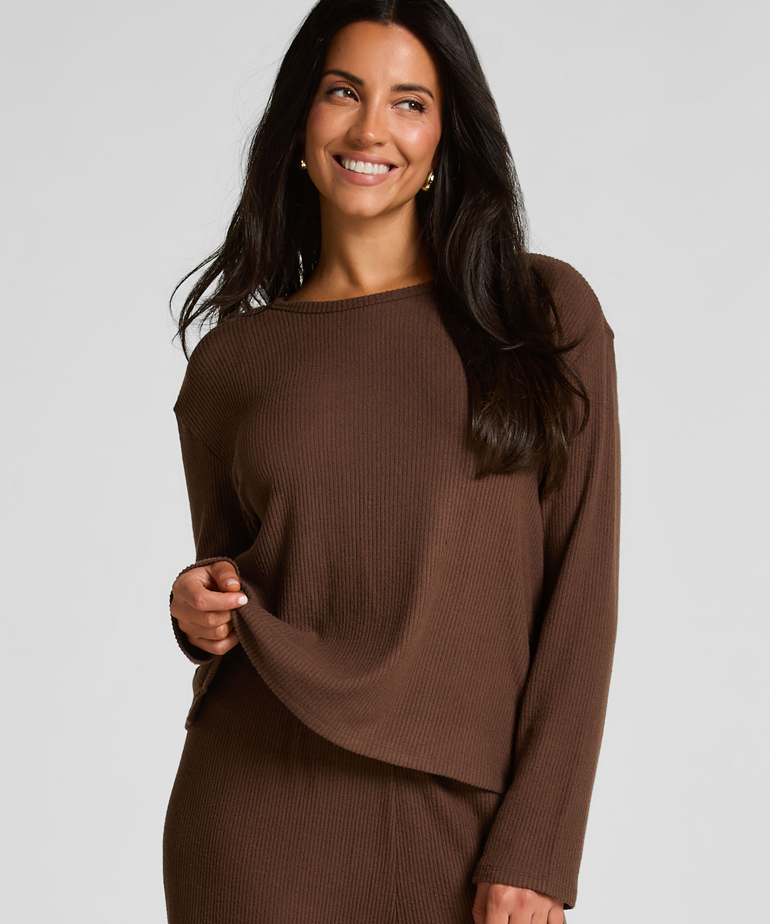 Långärmad pyjamastopp Jersey, Brun