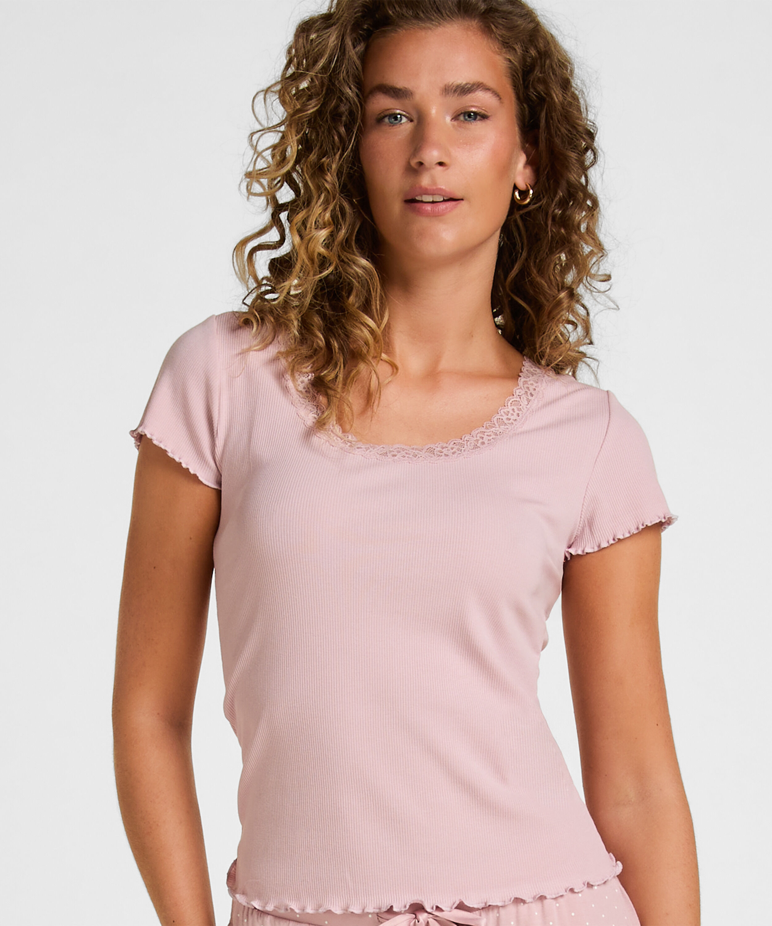 Pyjamas Topp Jersey Rib med Spets, Rosa Pyjamas Topp Jersey Rib med Spets, Rosa