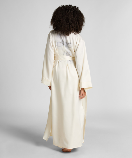 Kimono lång blommig satäng, Vit