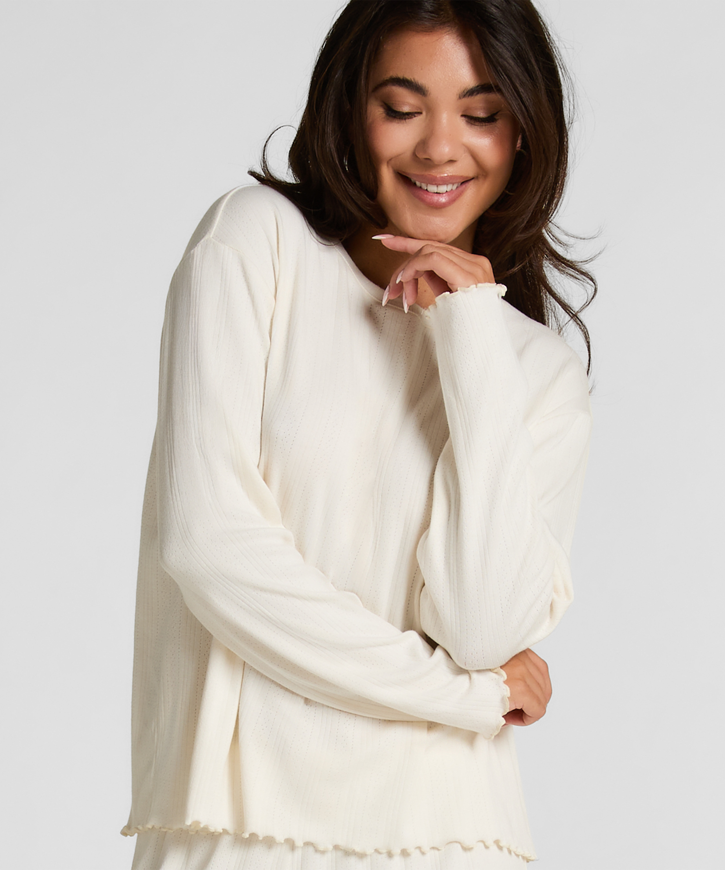 Pyjama Top Loose Pointelle, Vit, main
