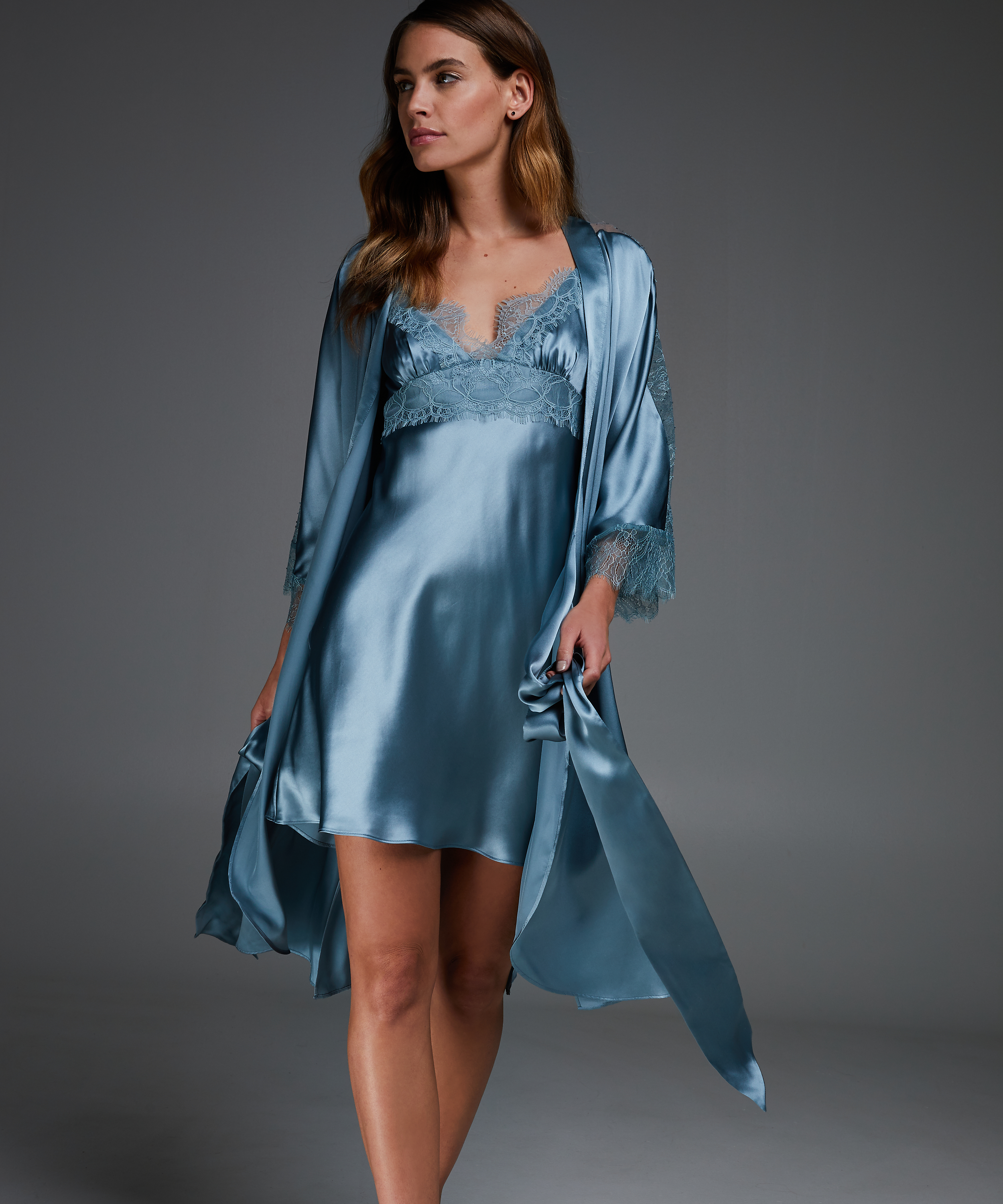 Kimono i silke och spets, Blå, main