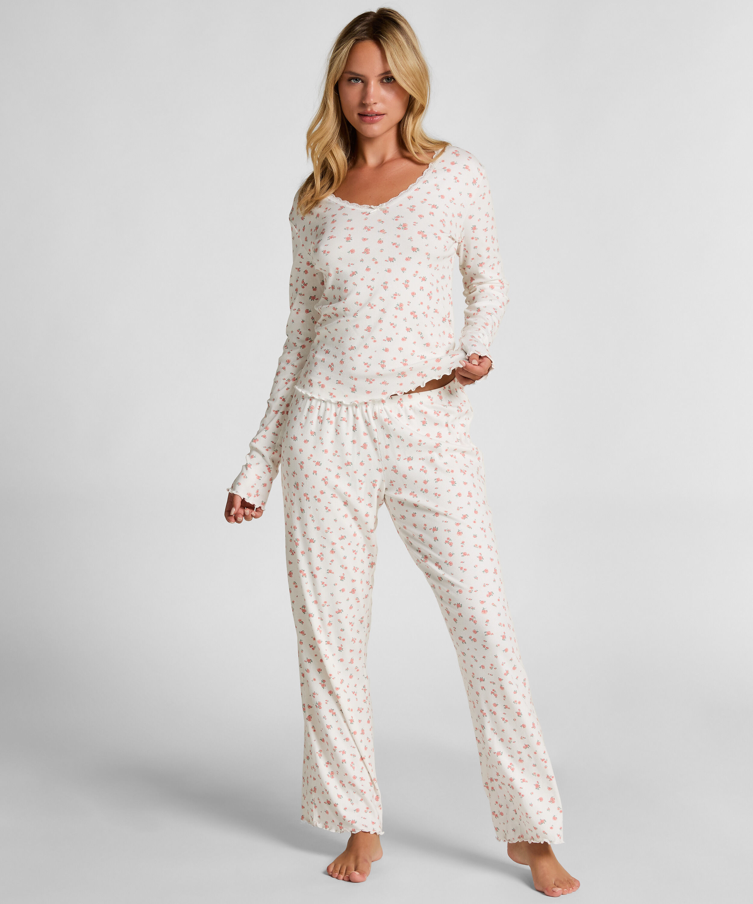 Ribbstickade pyjamasbyxor, Vit