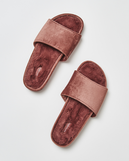 Fake fur velour slippers, Rosa