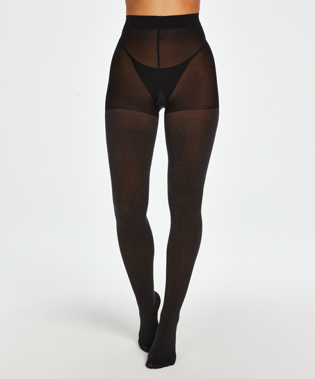 70 Denier Ribbed lurex-tights, Svart