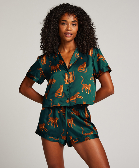 Kort&auml;rmad jacka i Satin, Gr&ouml;n