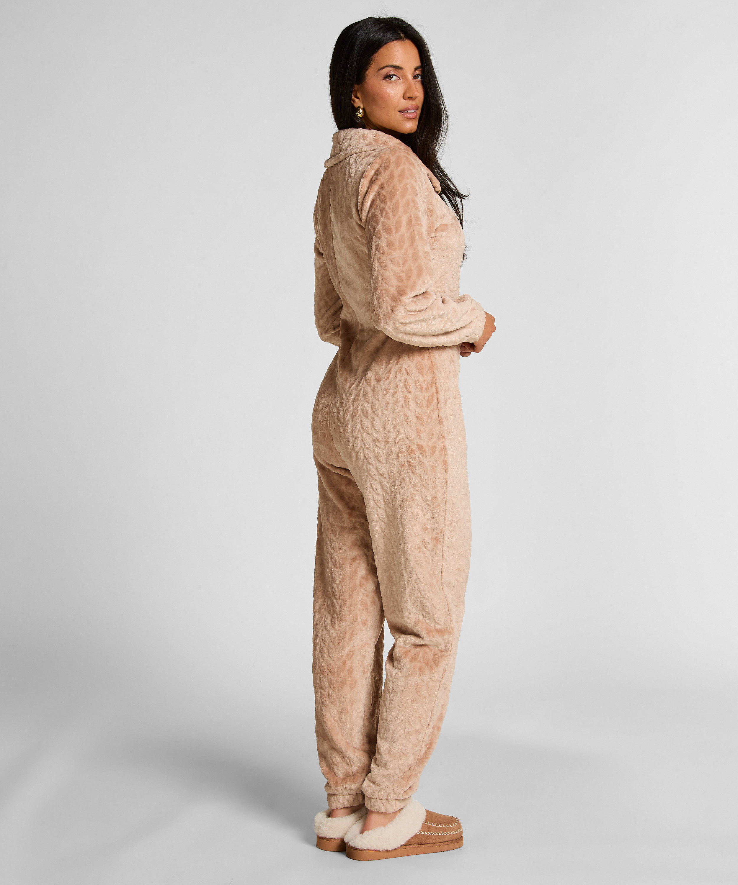Kabelstickad onesie med dragkedja, Beige, main