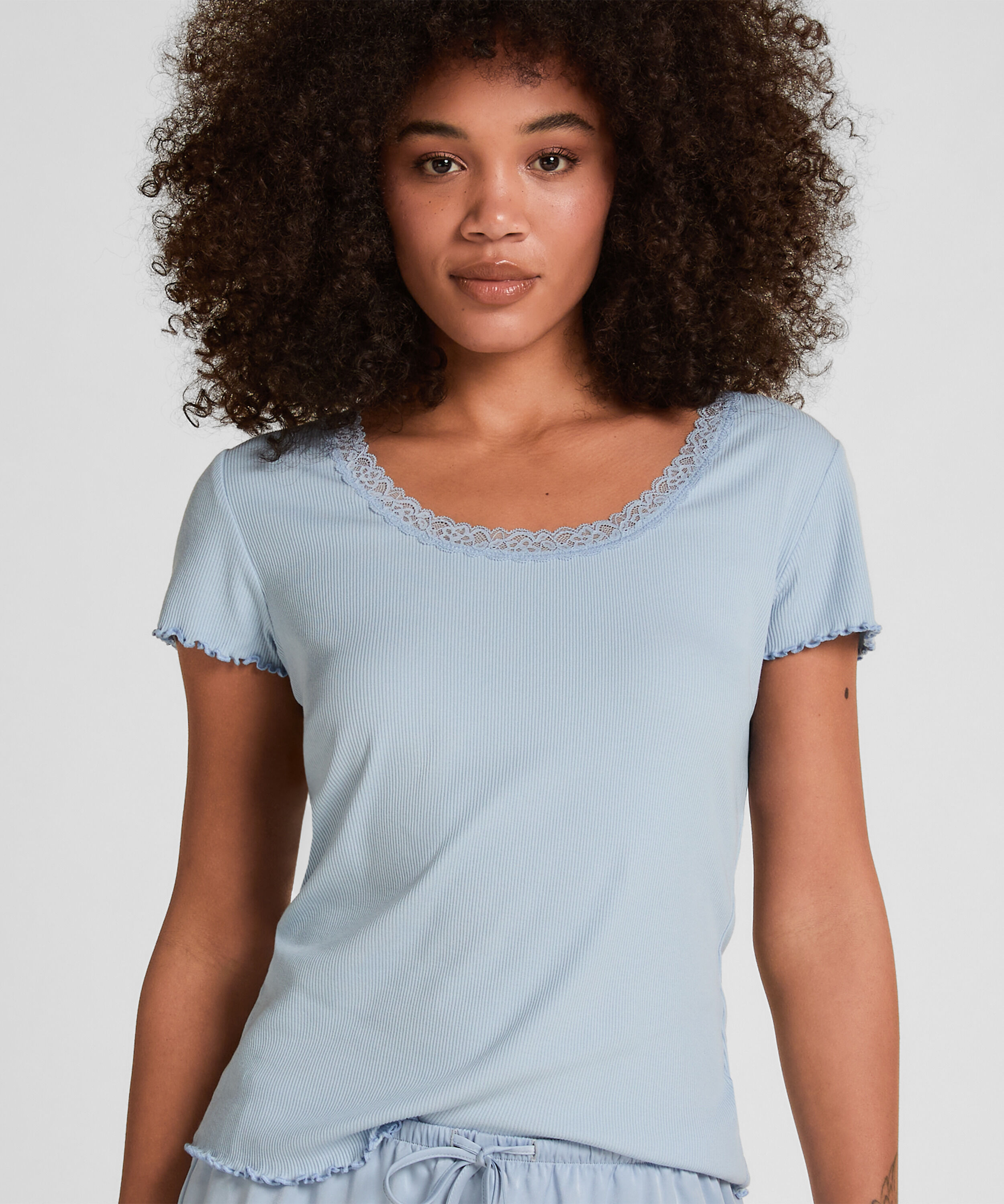 Pyjamas Topp Jersey Rib med Spets, Blå Pyjamas Topp Jersey Rib med Spets, Blå