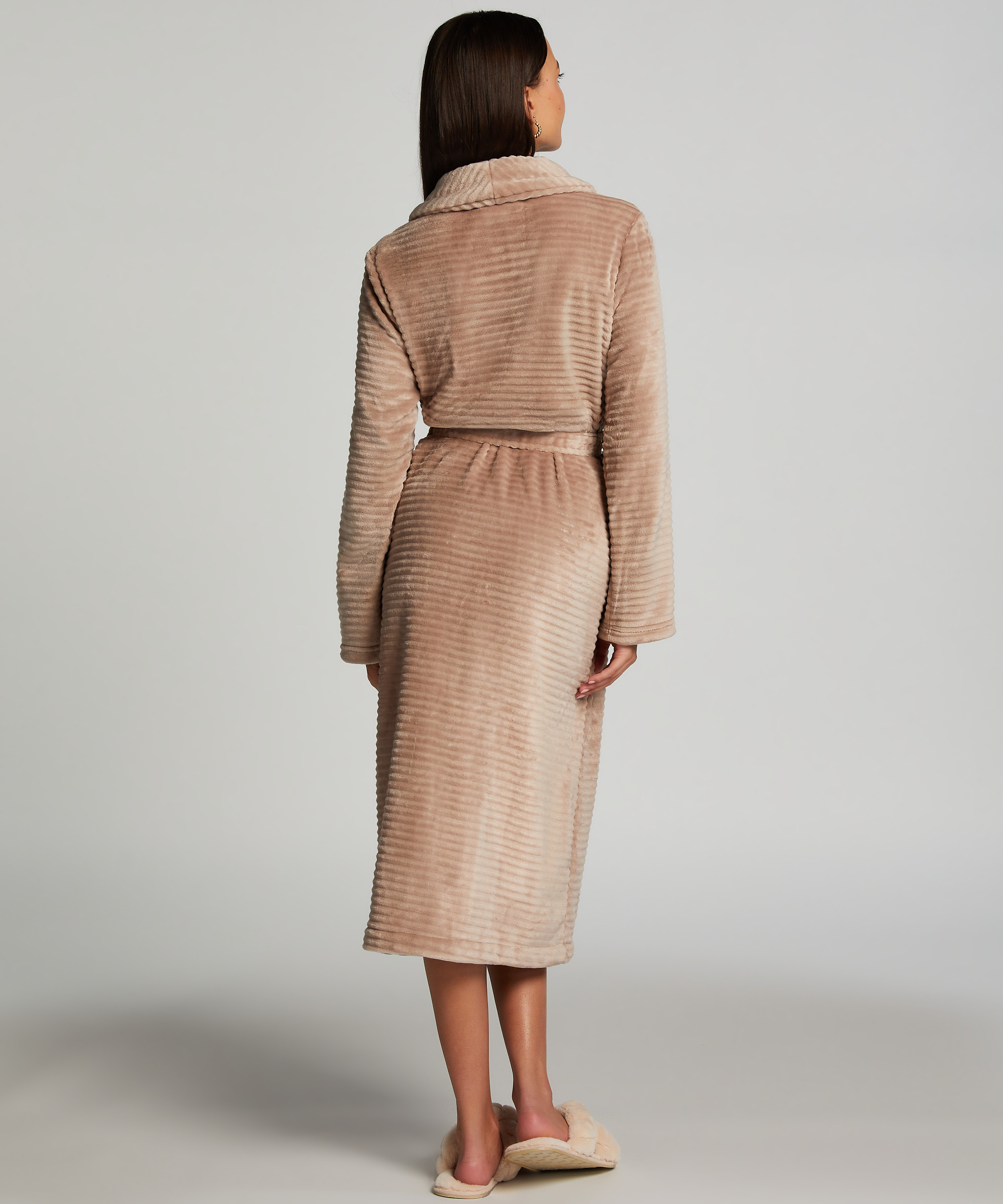 Ribbad badrock av fleece lång, Beige, main