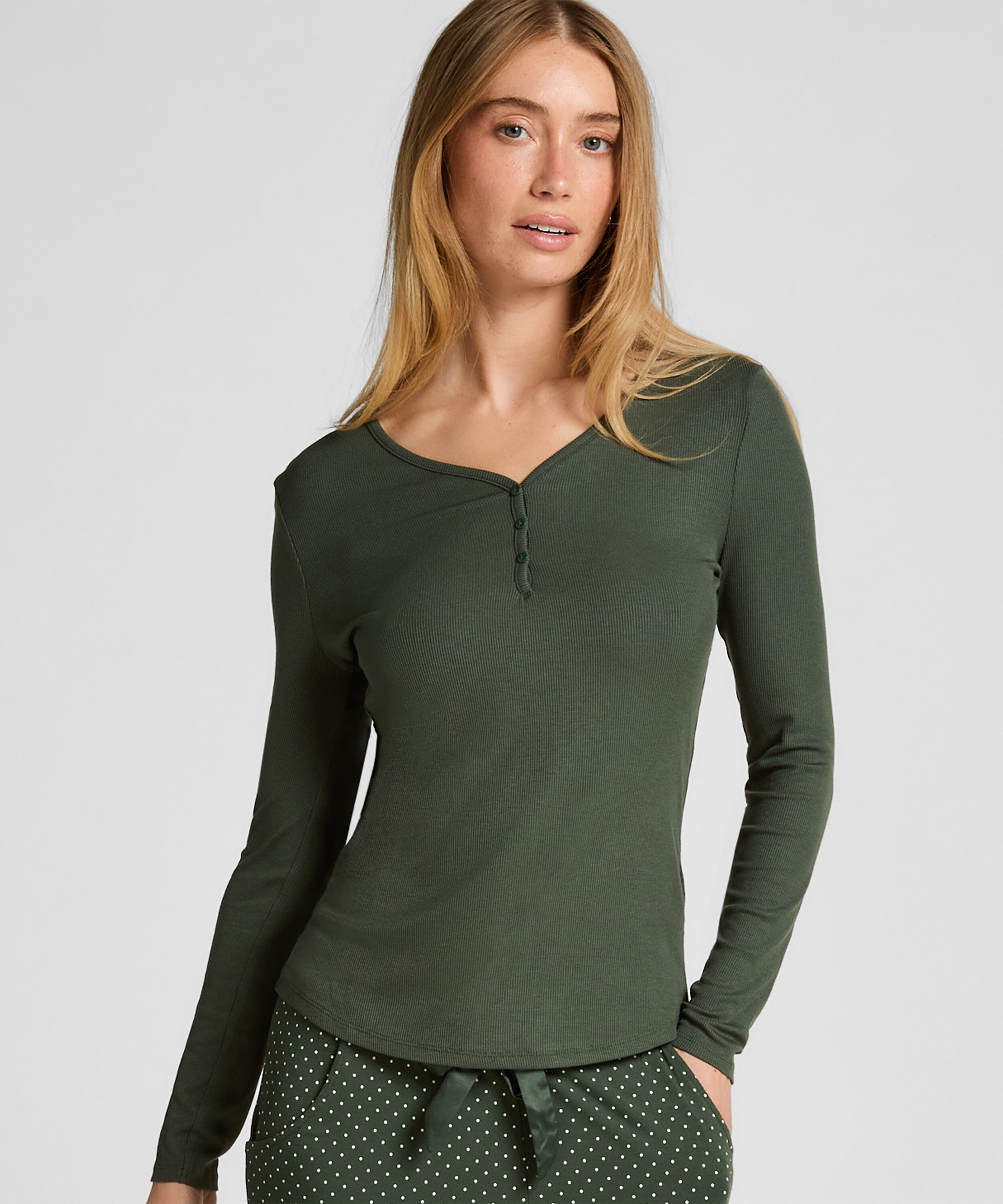 Långärmad pyjamastopp Henley, Grön