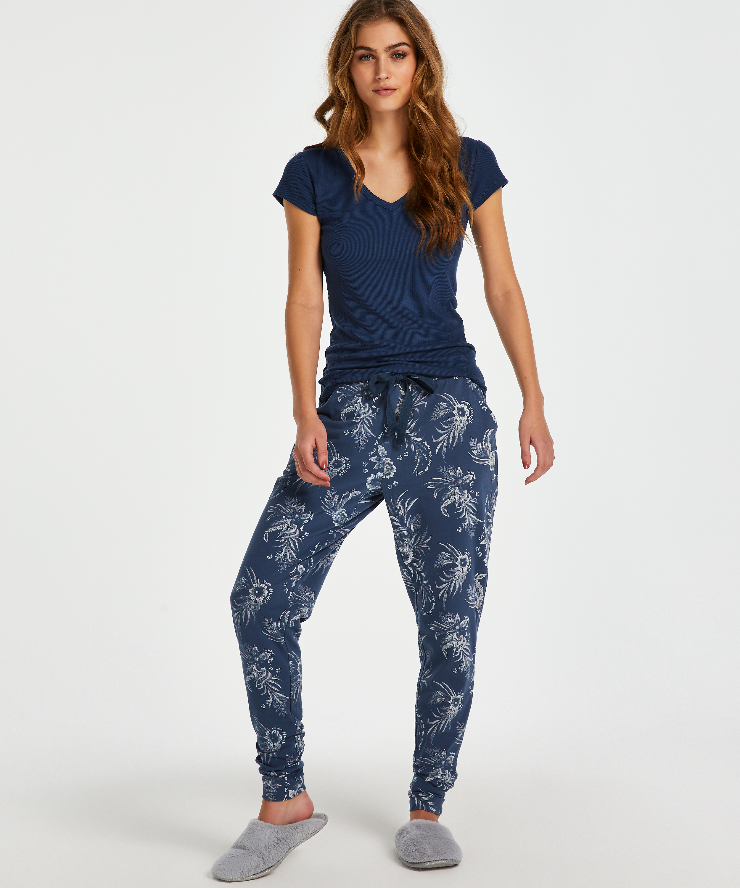 Kortärmad pyjamaströja i ribbtyg., Blå, main