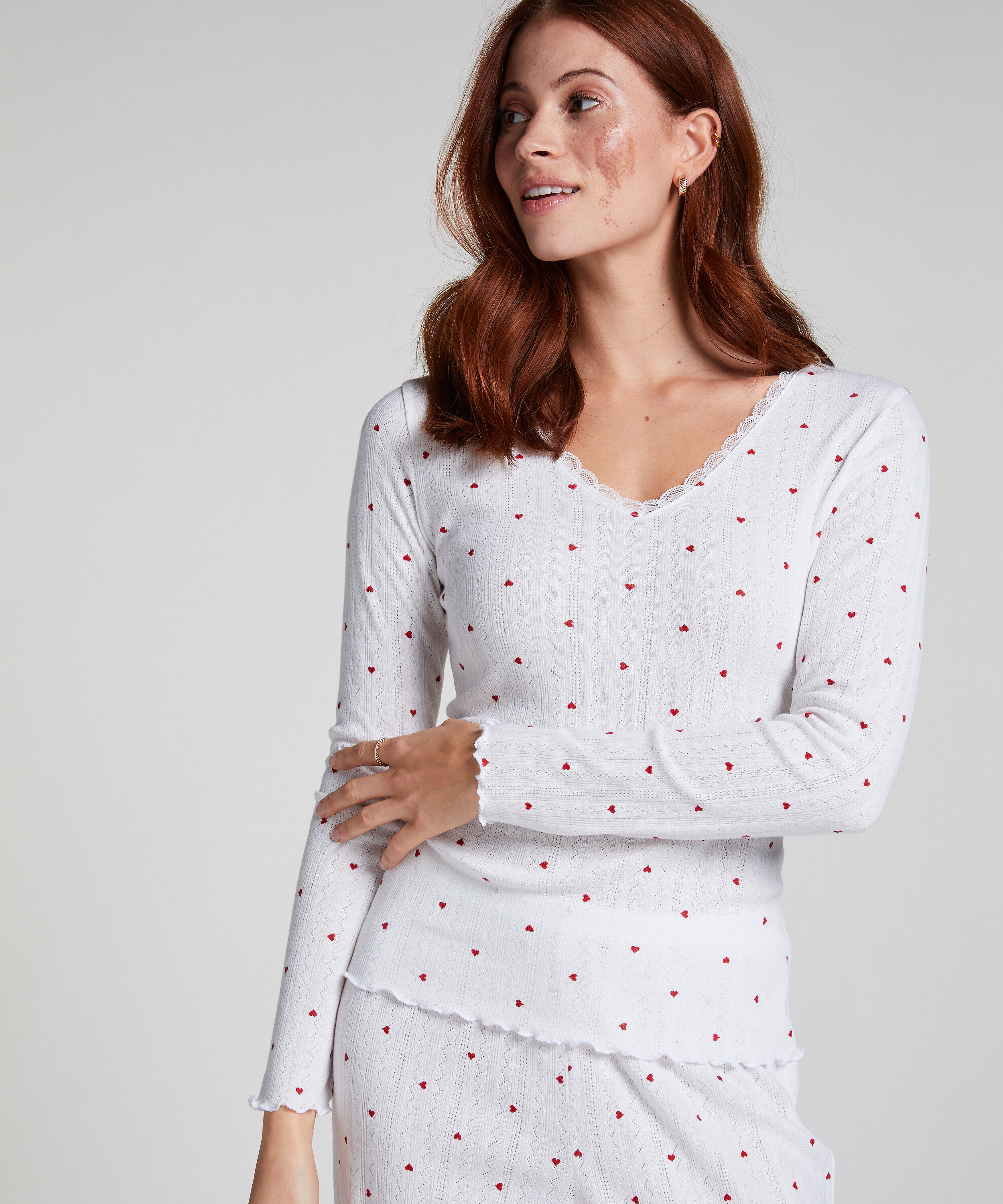 Långärmad pyjamastopp Pointelle, Vit