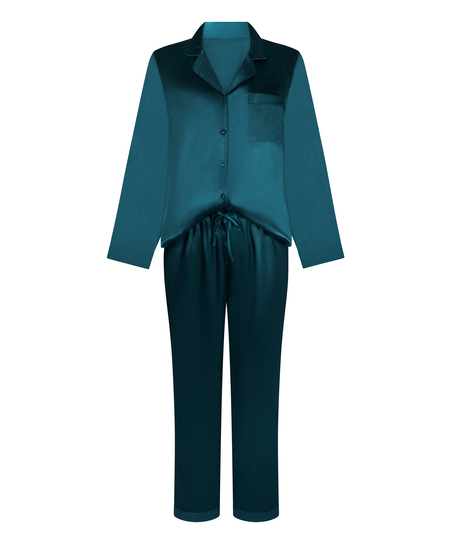 Pyjamasset i glansig satin, Bl&aring;