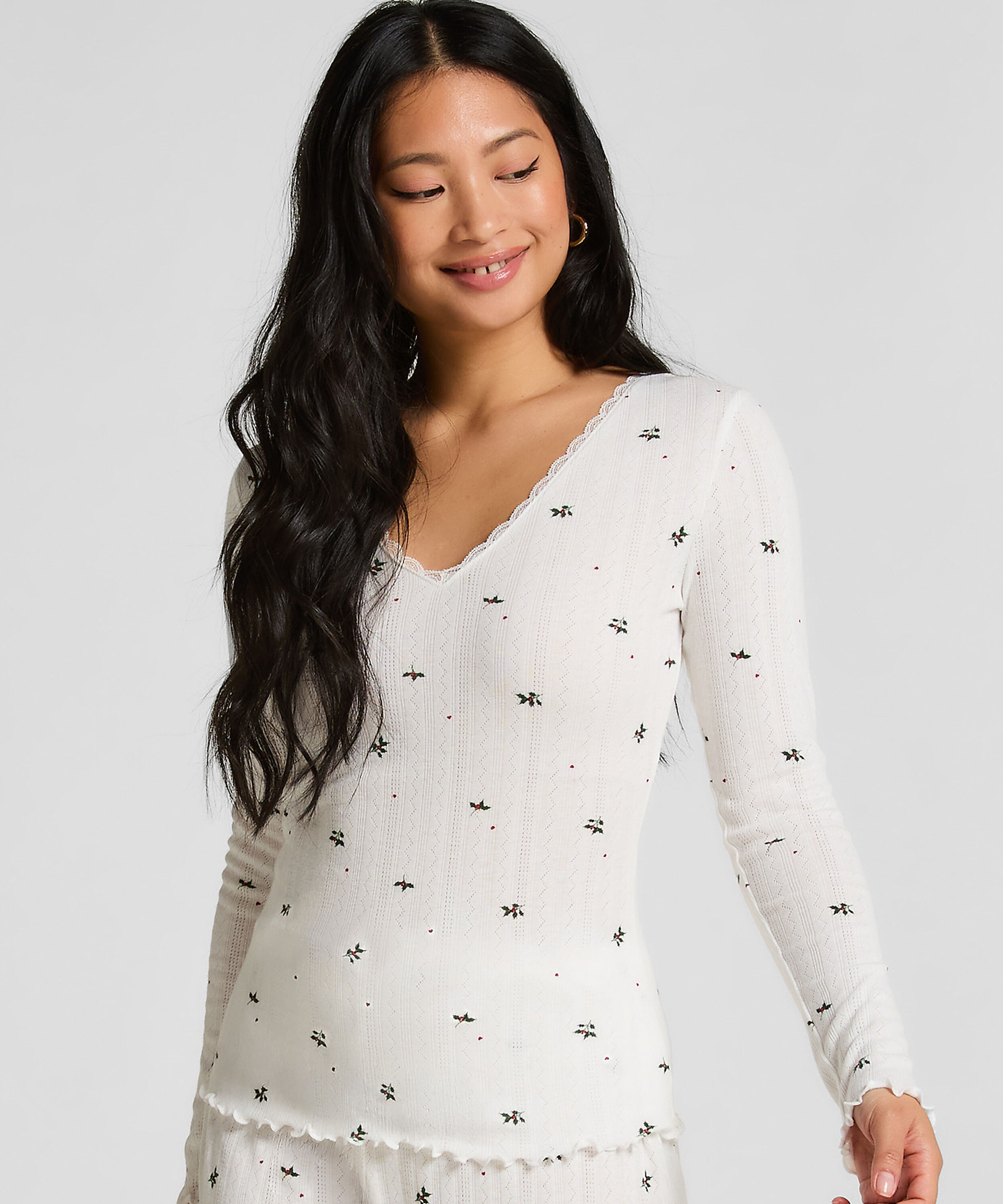 Långärmad pyjamastopp Pointelle, Vit