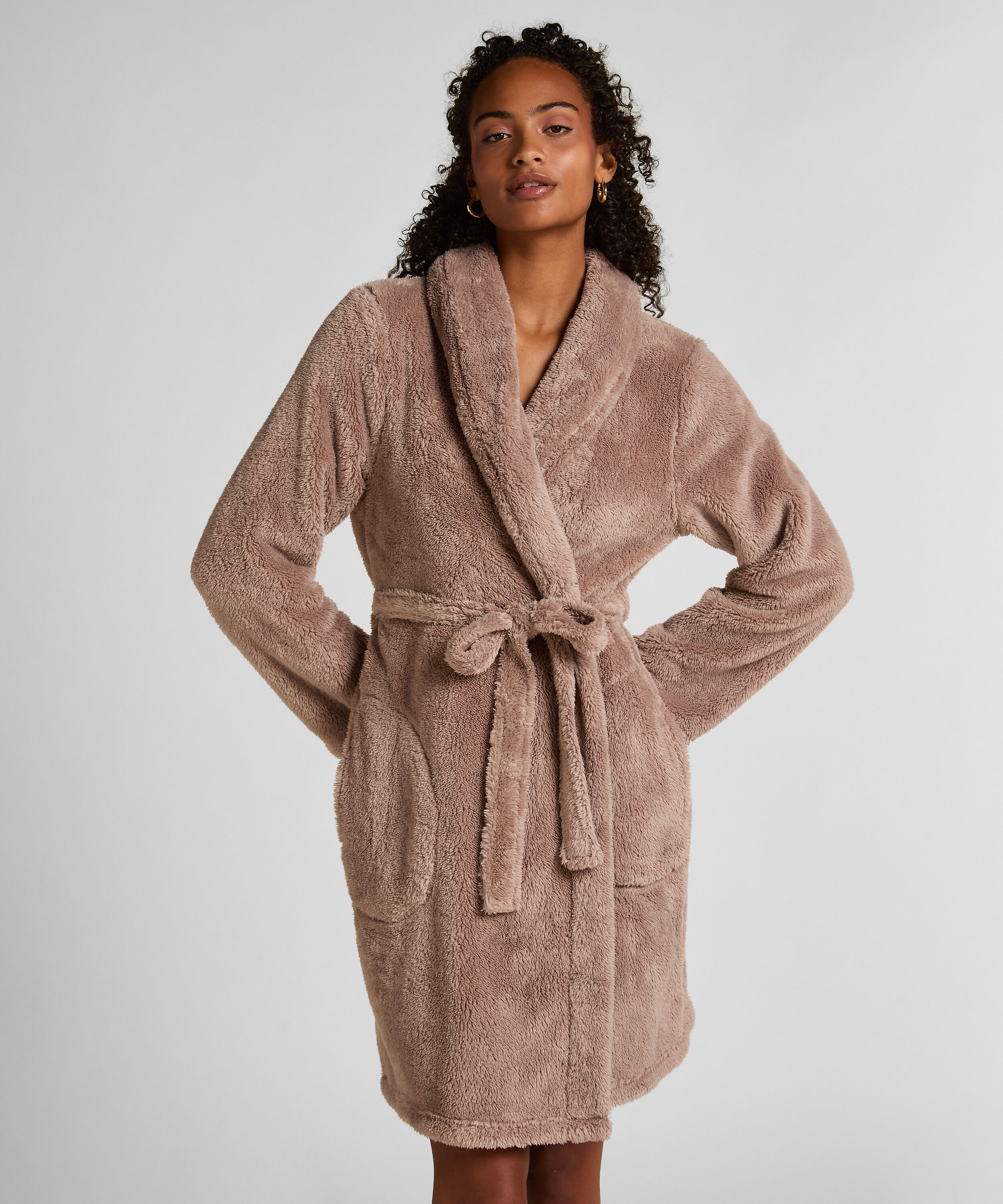 Morgonrock i fluffig fleece, Beige