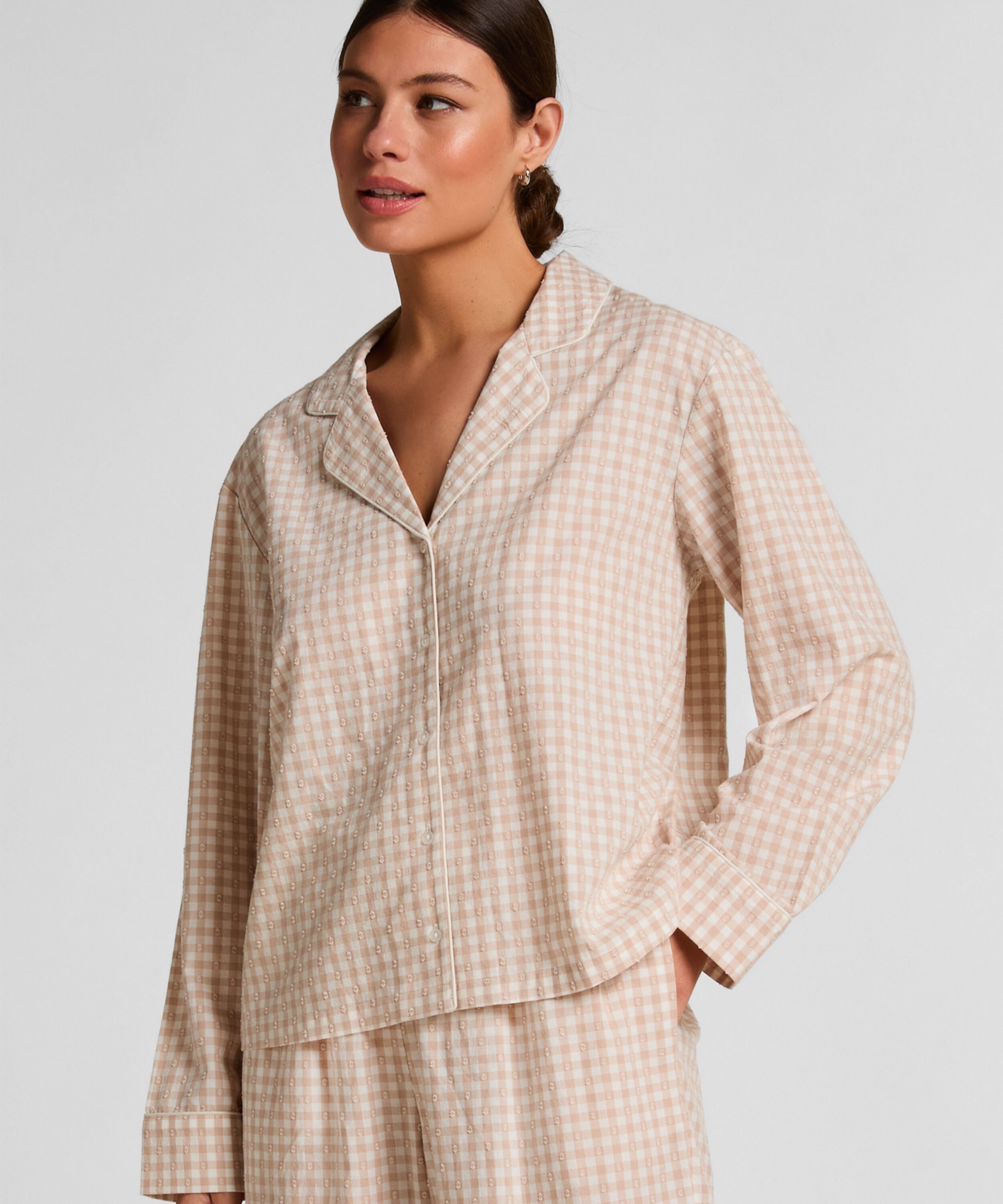 Dobby Pyjamasjacka i Vävd Bomull, Beige Dobby Pyjamasjacka i Vävd Bomull, Beige