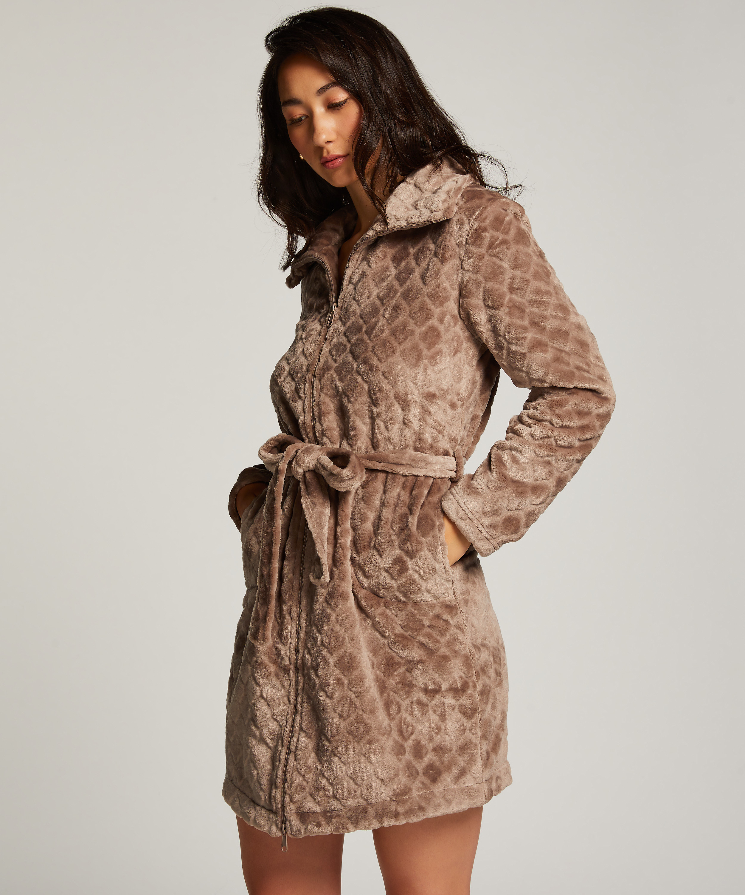 Badrock i fleece med dragkedja, Brun, main