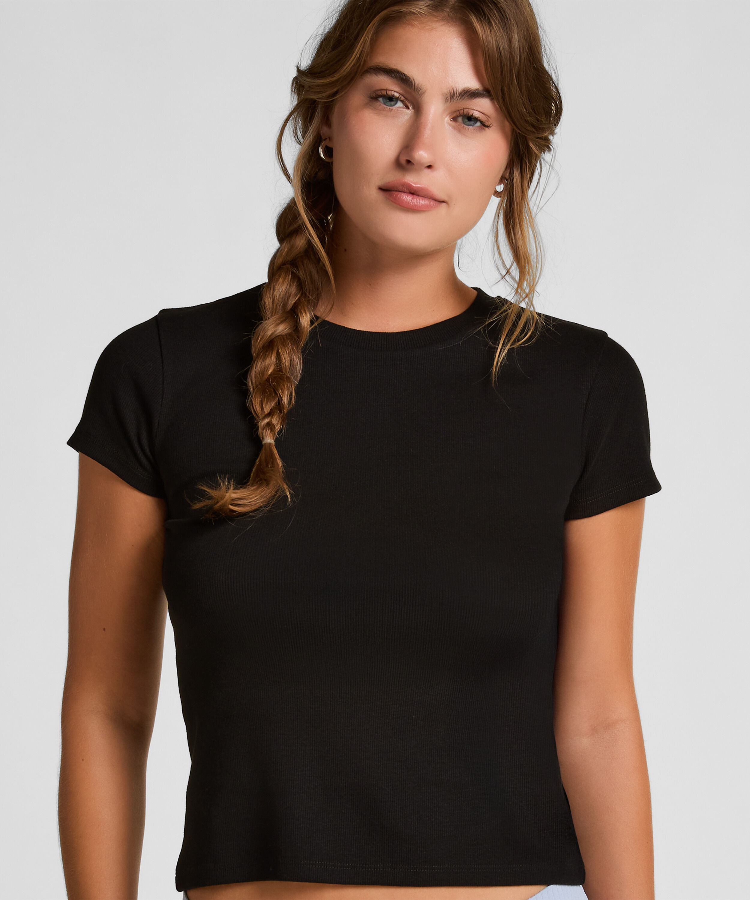 Kortärmad pyjamastopp Rib Crew Neck, Svart