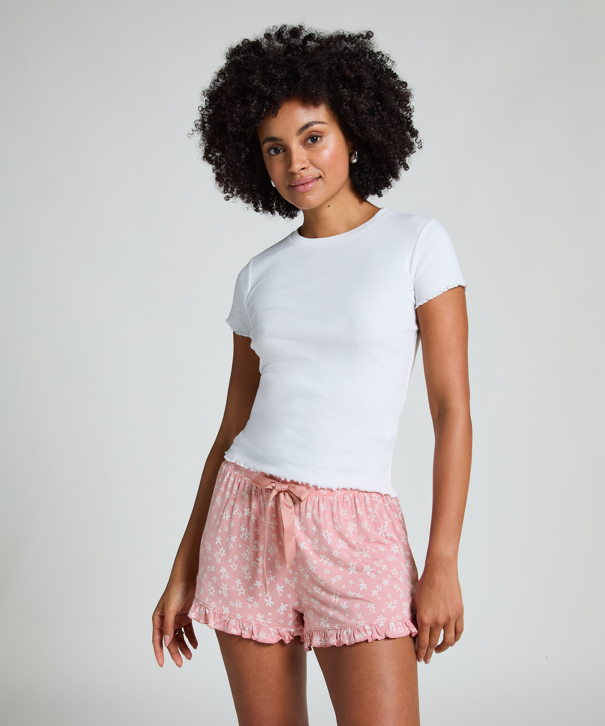 Jersy-shorts med volanger, Rosa