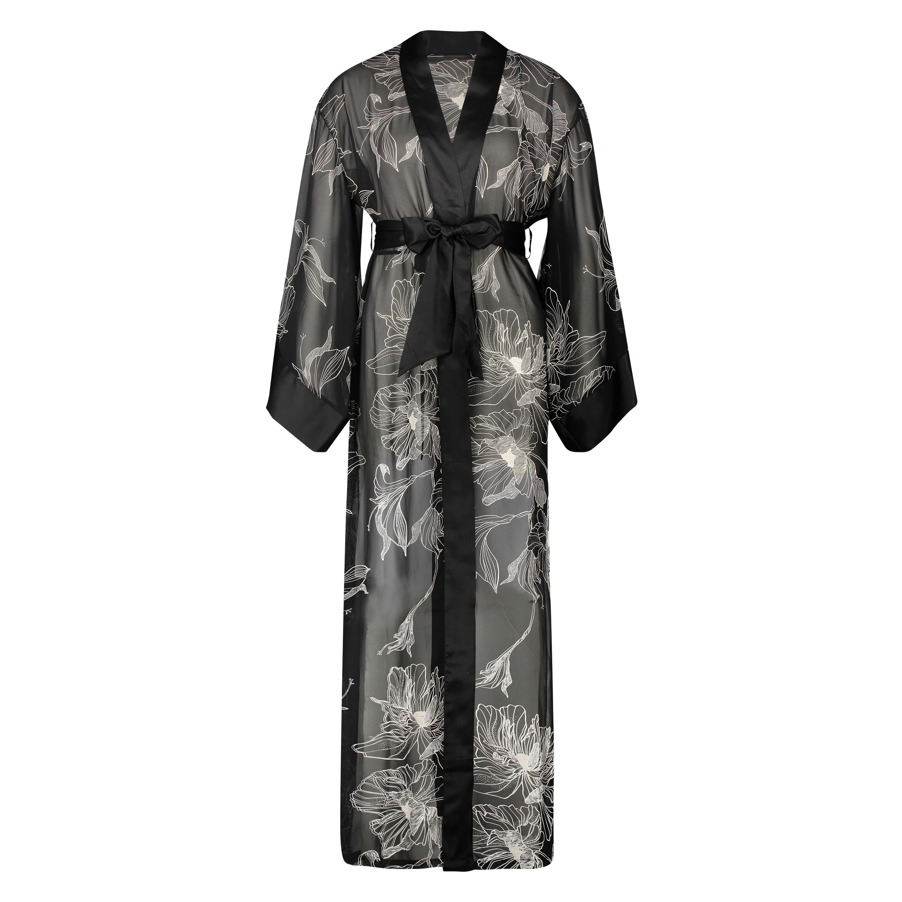 Lång chiffongkimono Lotus, Svart, main