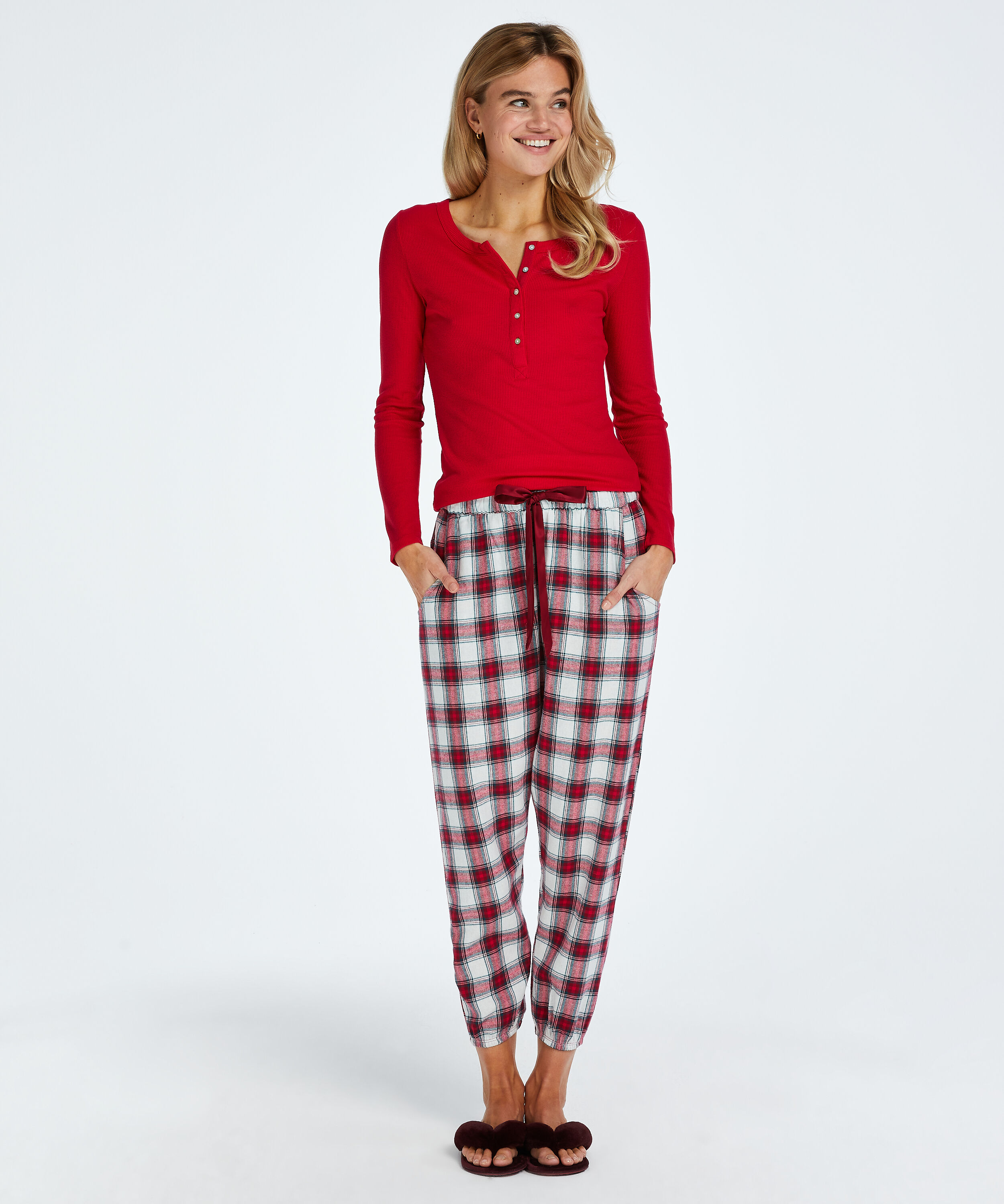 Rutiga pyjamasbyxor twill, r&ouml;d