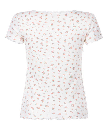 Kortärmad ribbstickad top med spets, Vit