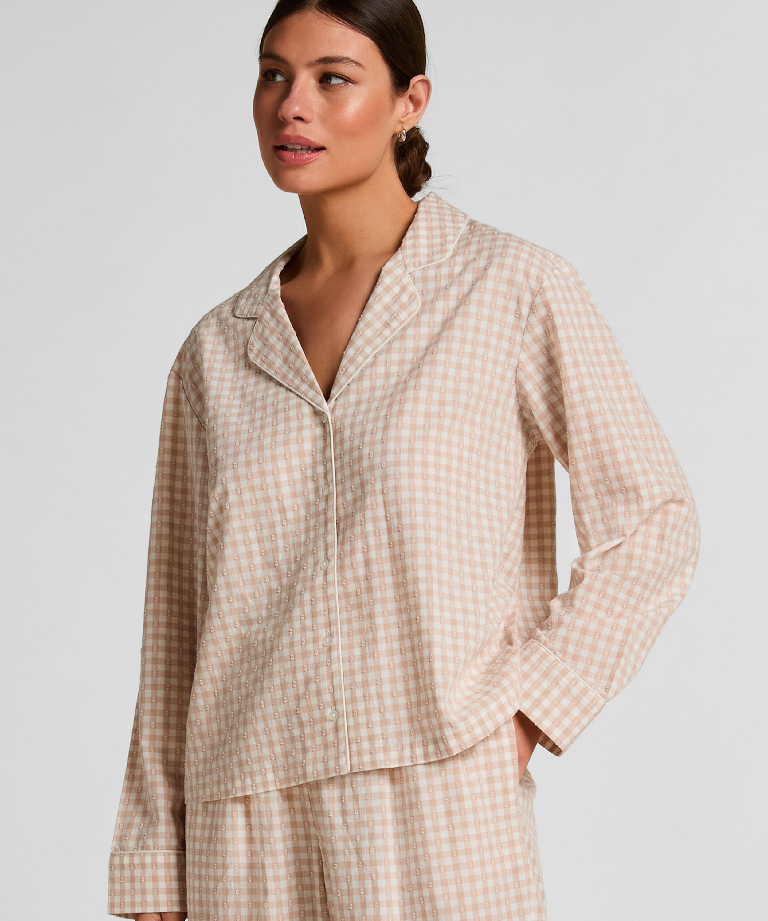Dobby Pyjamasjacka i Vävd Bomull, Beige