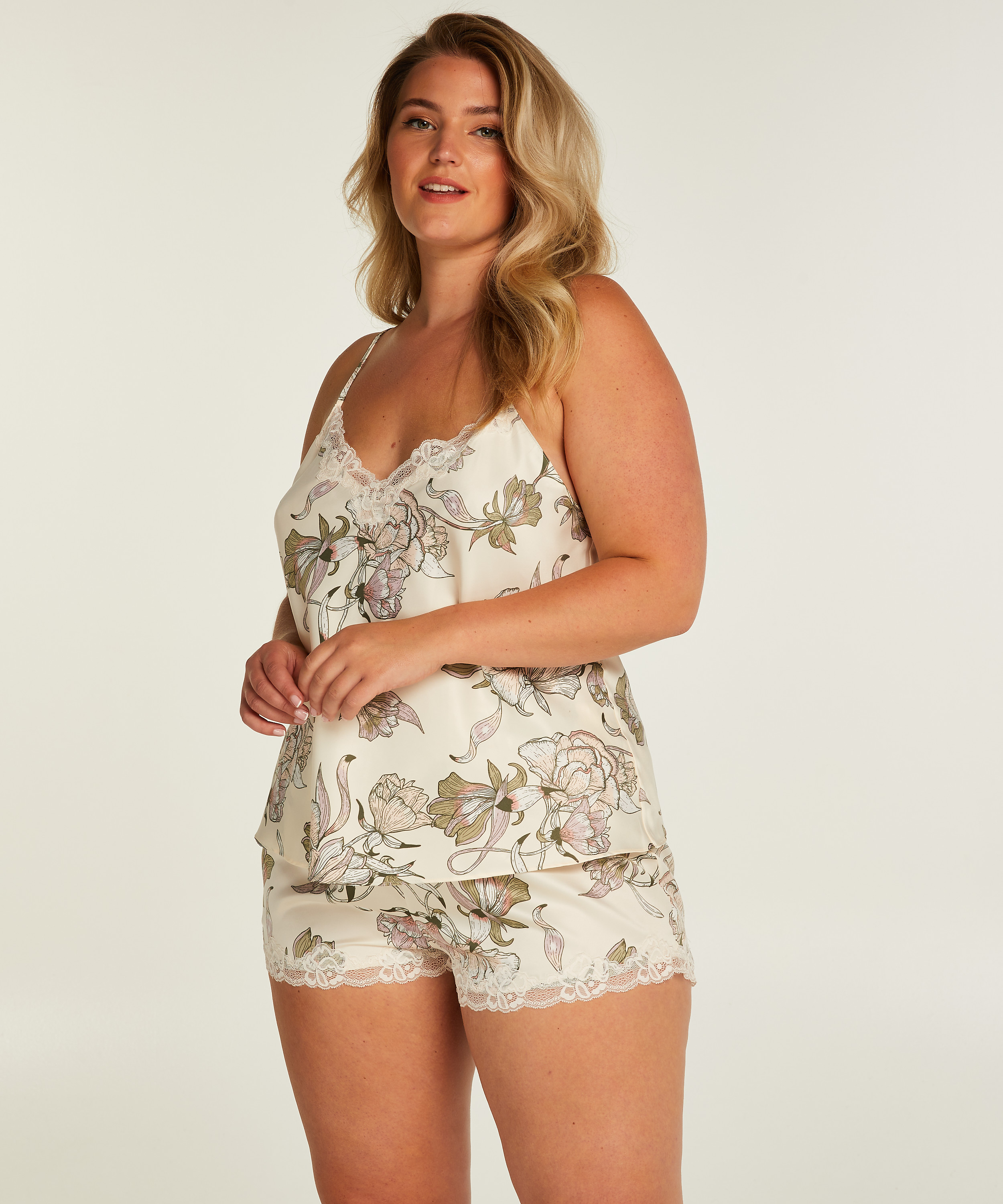 Satin pyjamasshorts, Vit, main